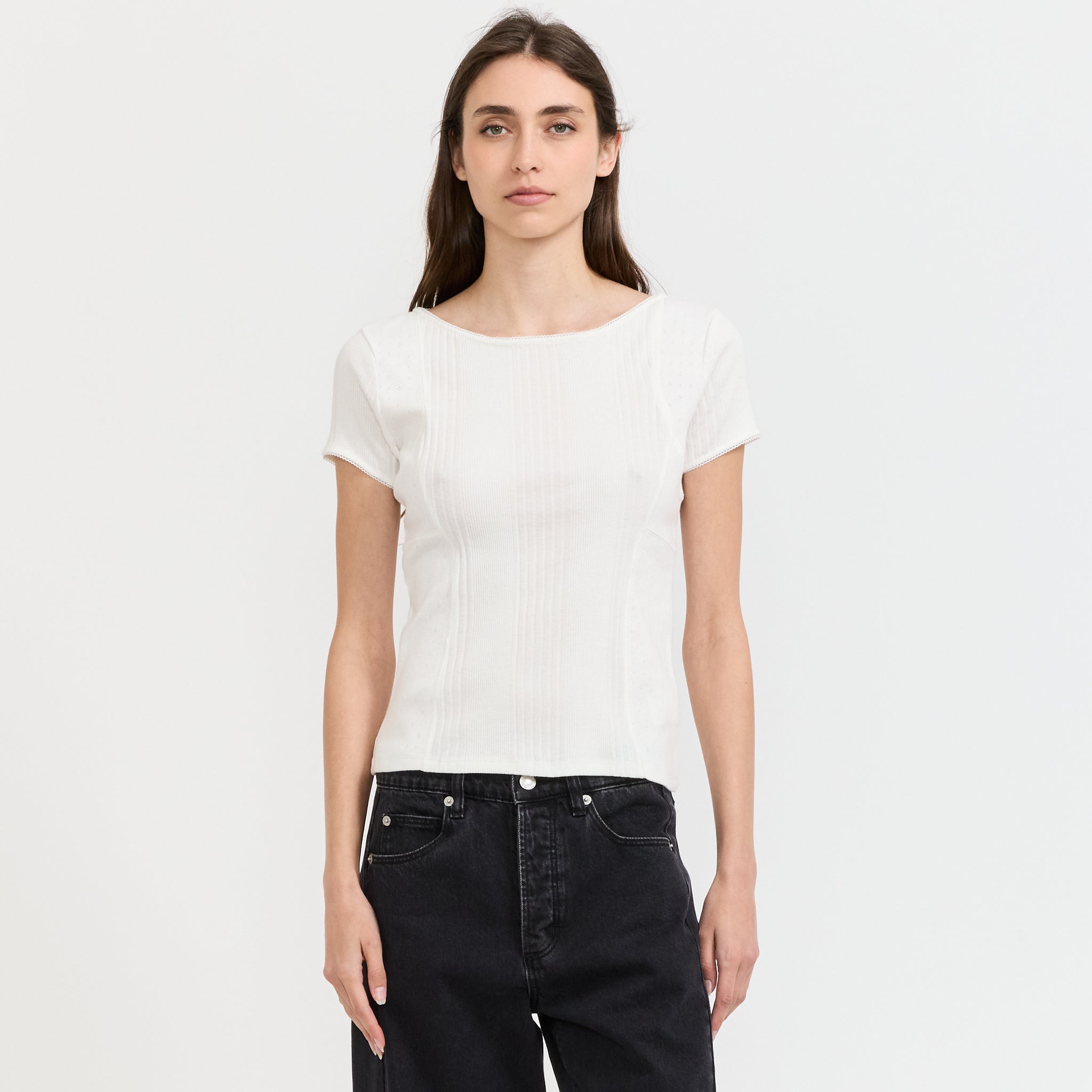 Lace Ribbed Panelled T-Shirt Ivory