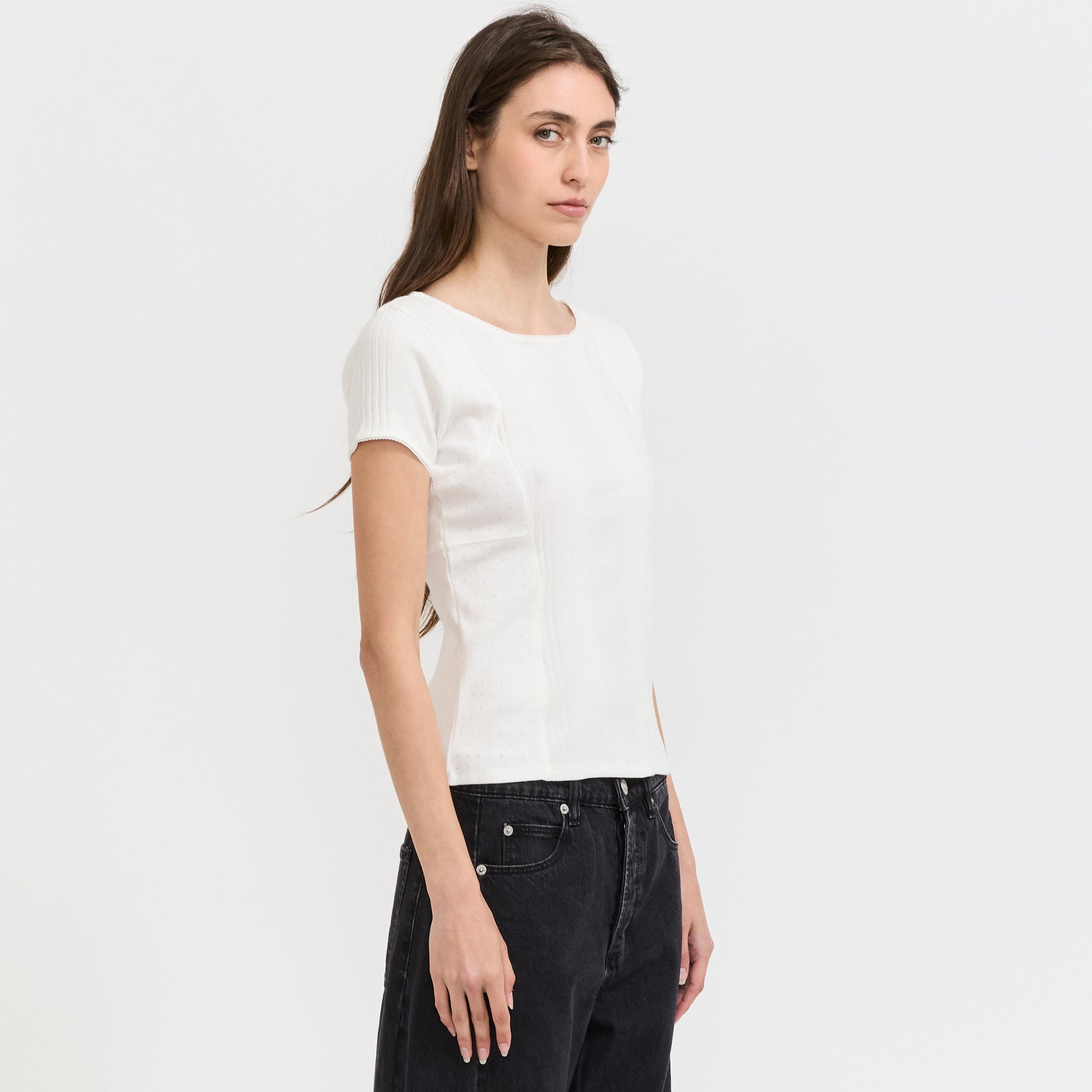 Lace Ribbed Panelled T-Shirt Ivory