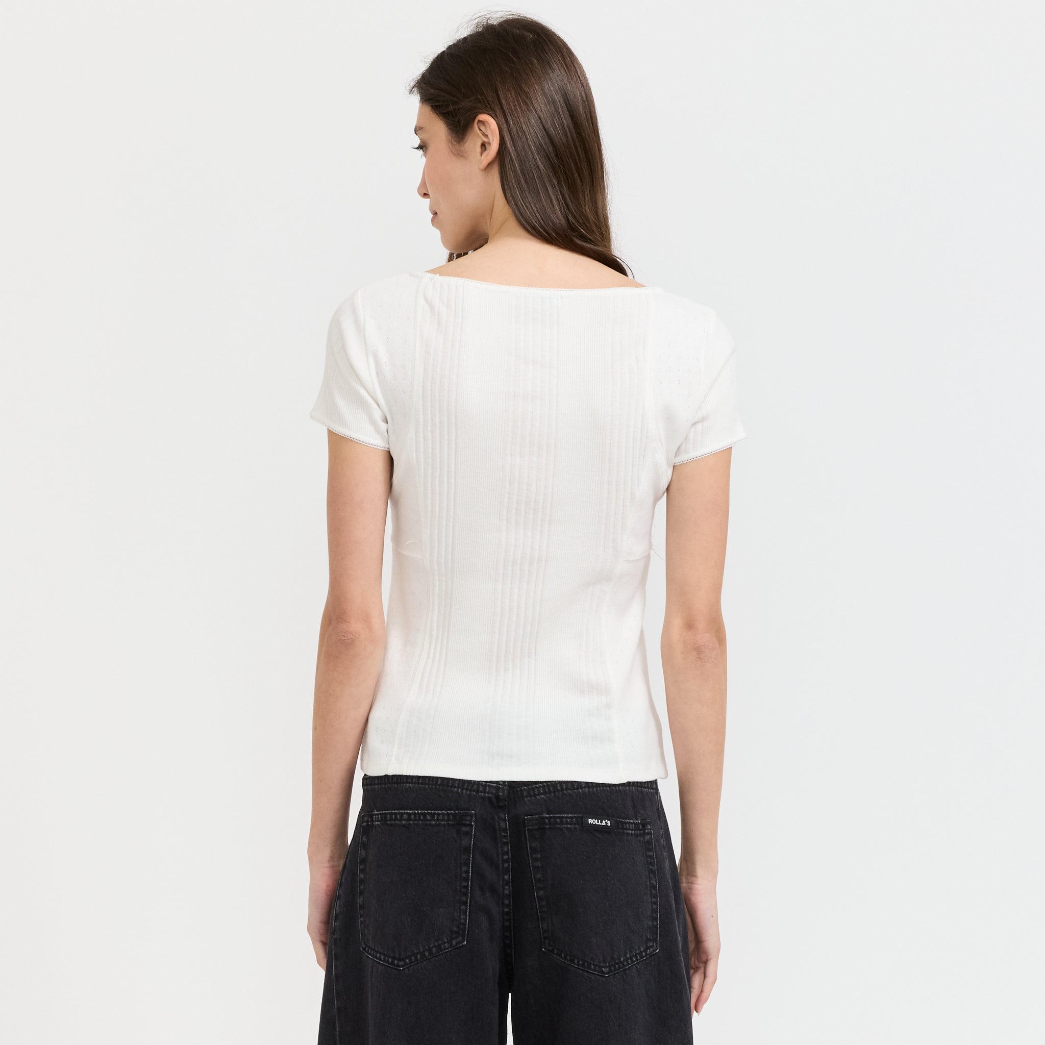 Lace Ribbed Panelled T-Shirt Ivory