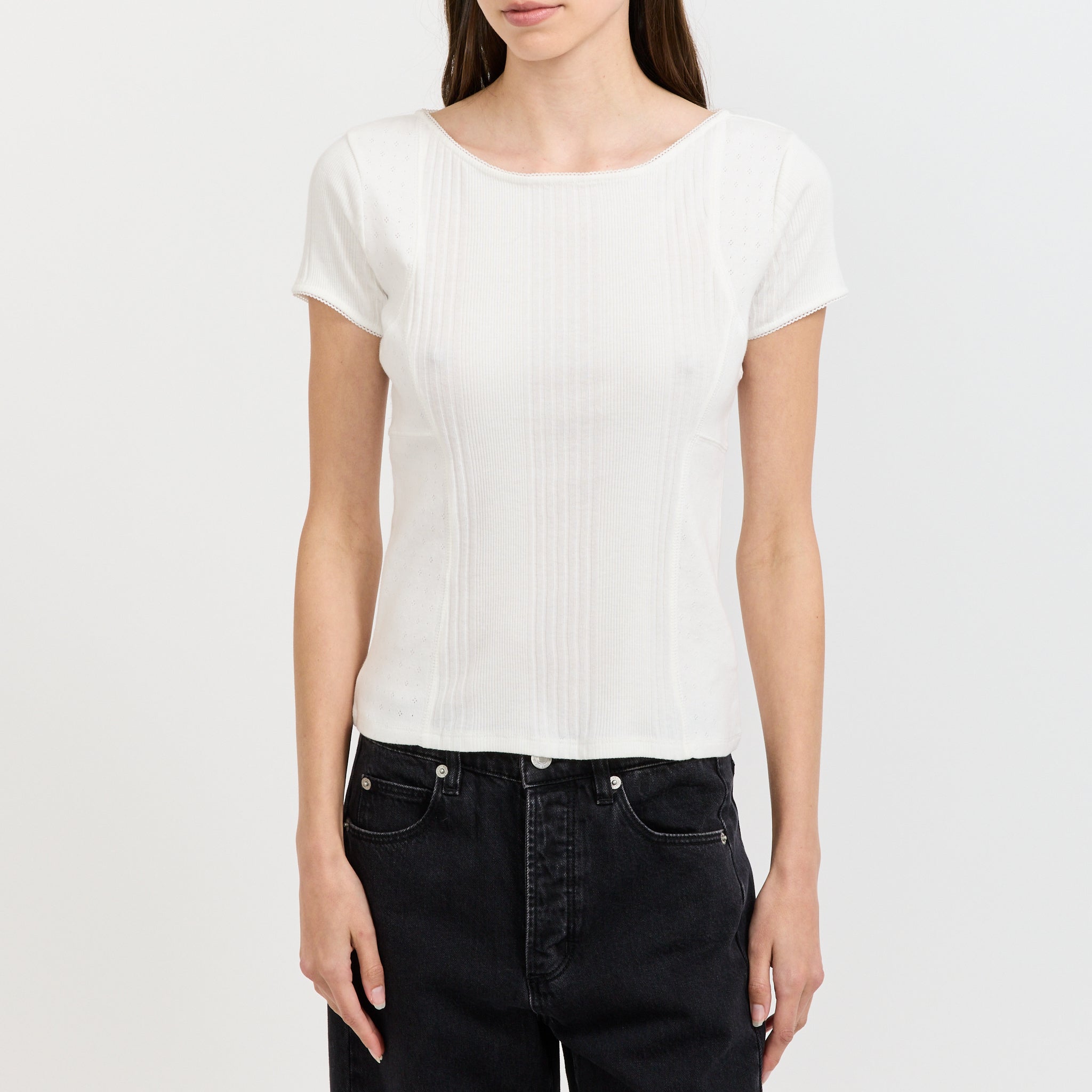 Lace Ribbed Panelled T-Shirt Ivory