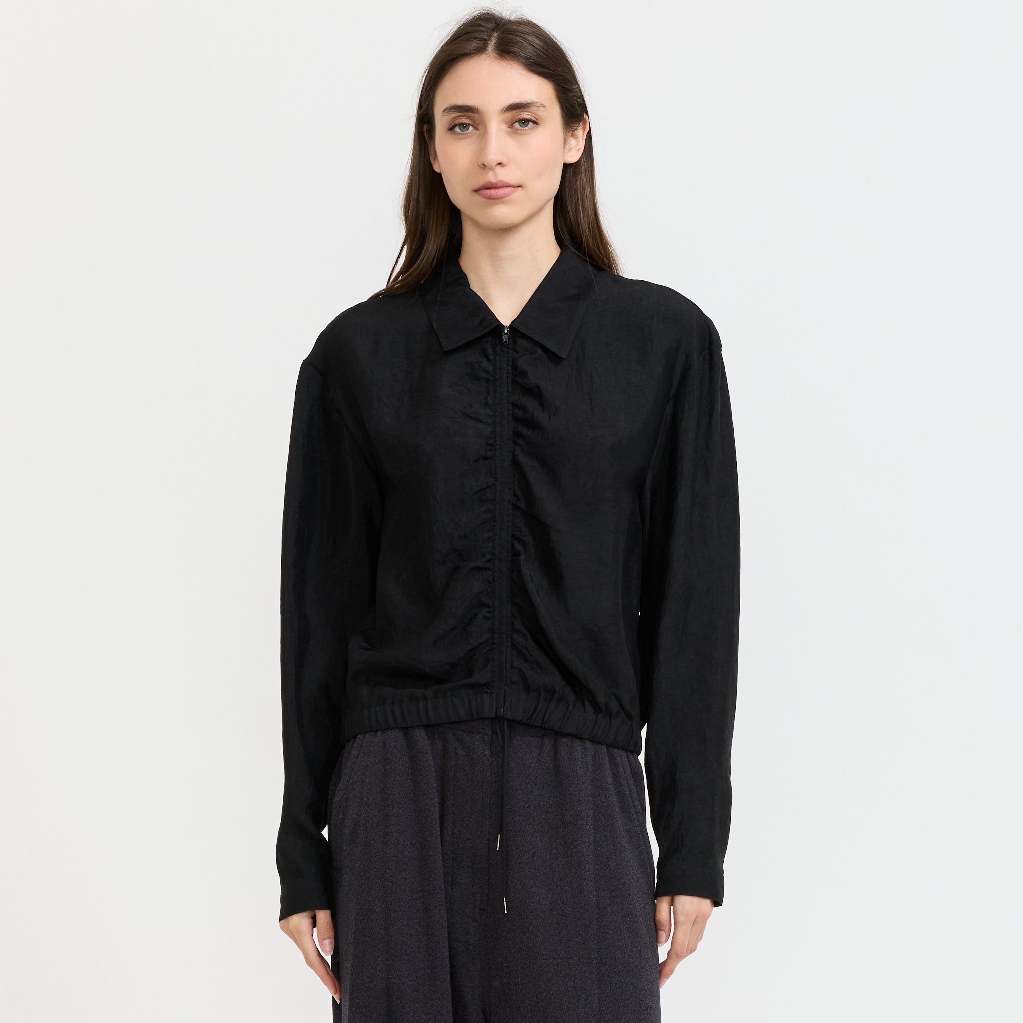Satin Zip Up Shirt Black