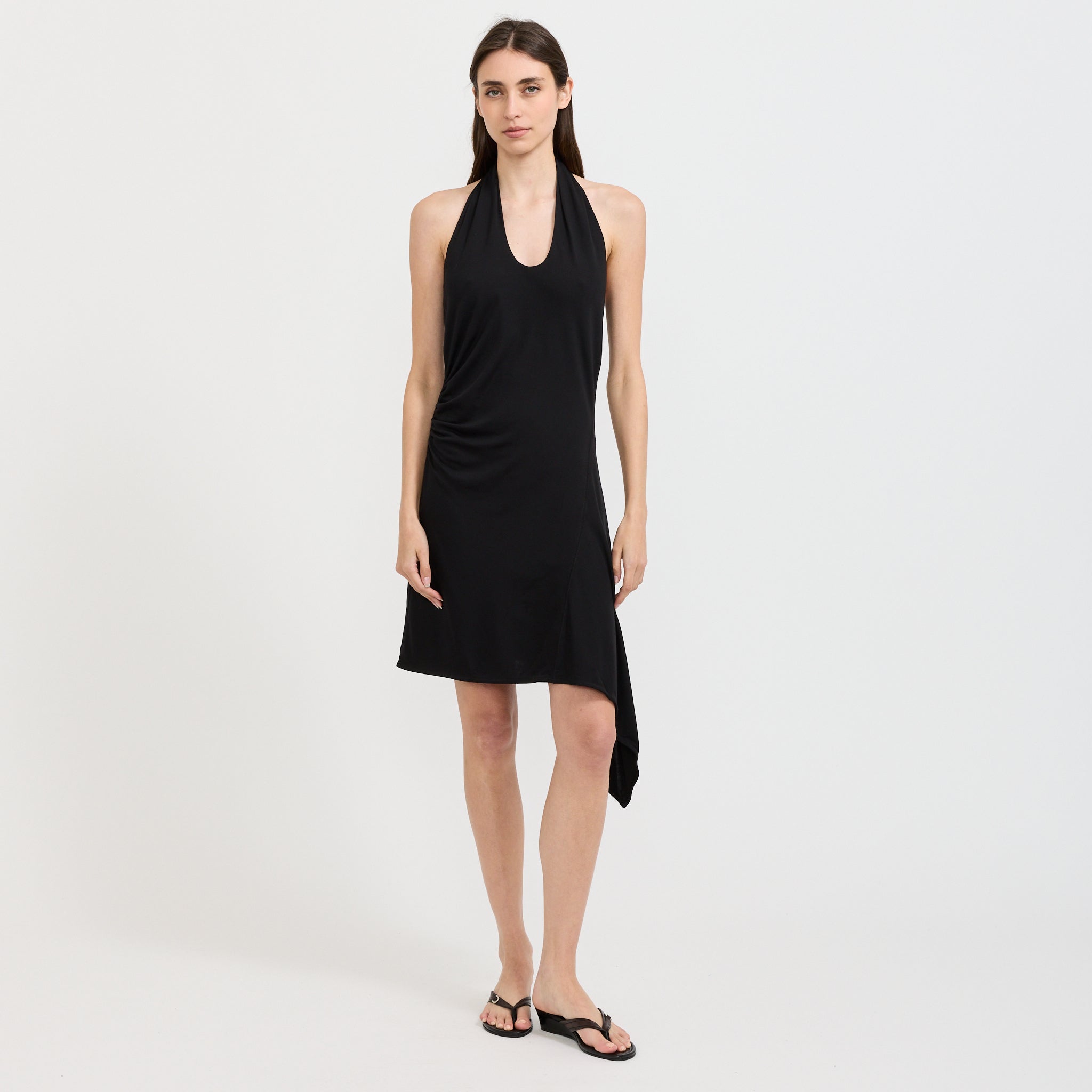 Unbalanced Halter Mini Dress Black
