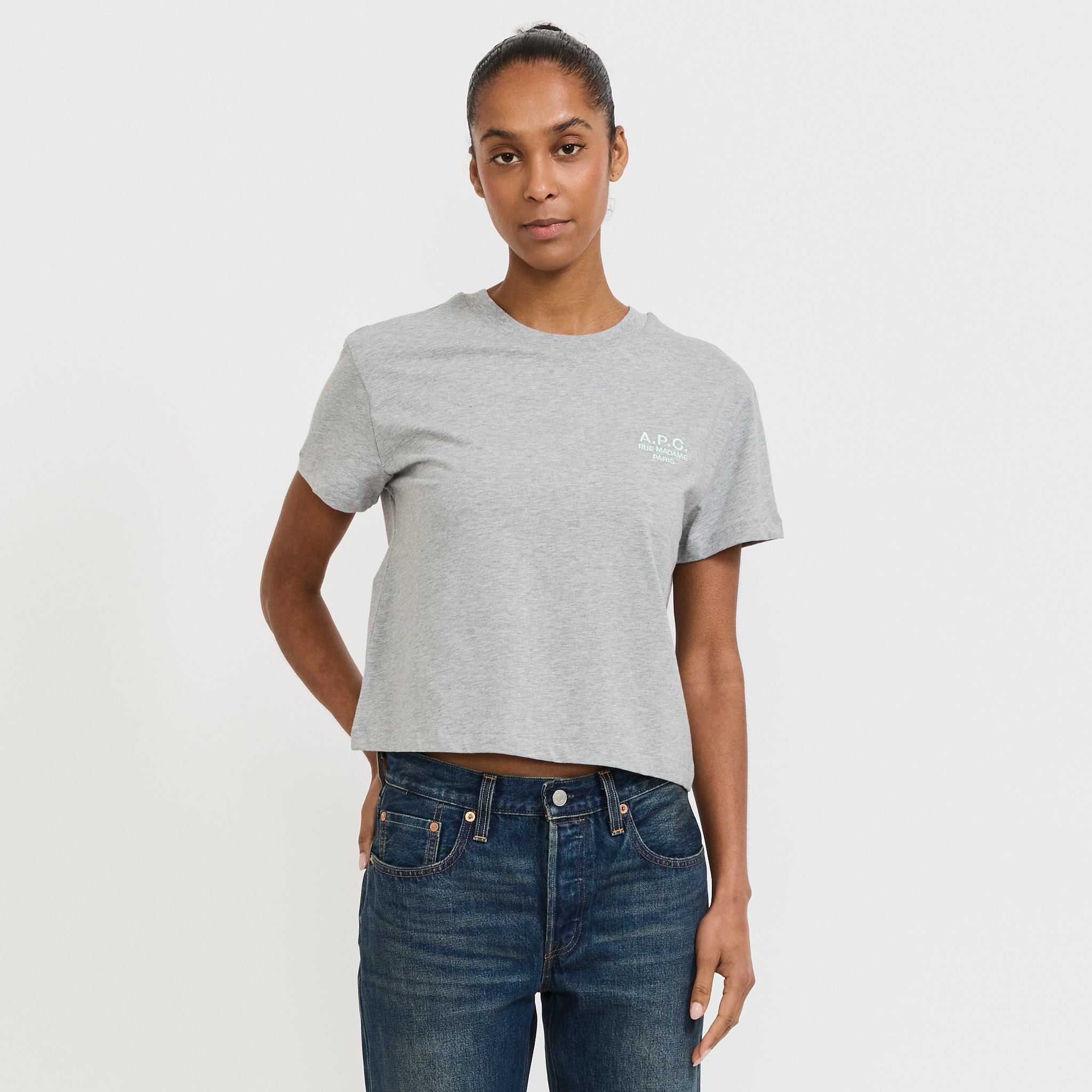 Boxy Rue Madame T-Shirt Heather Grey/Water Green