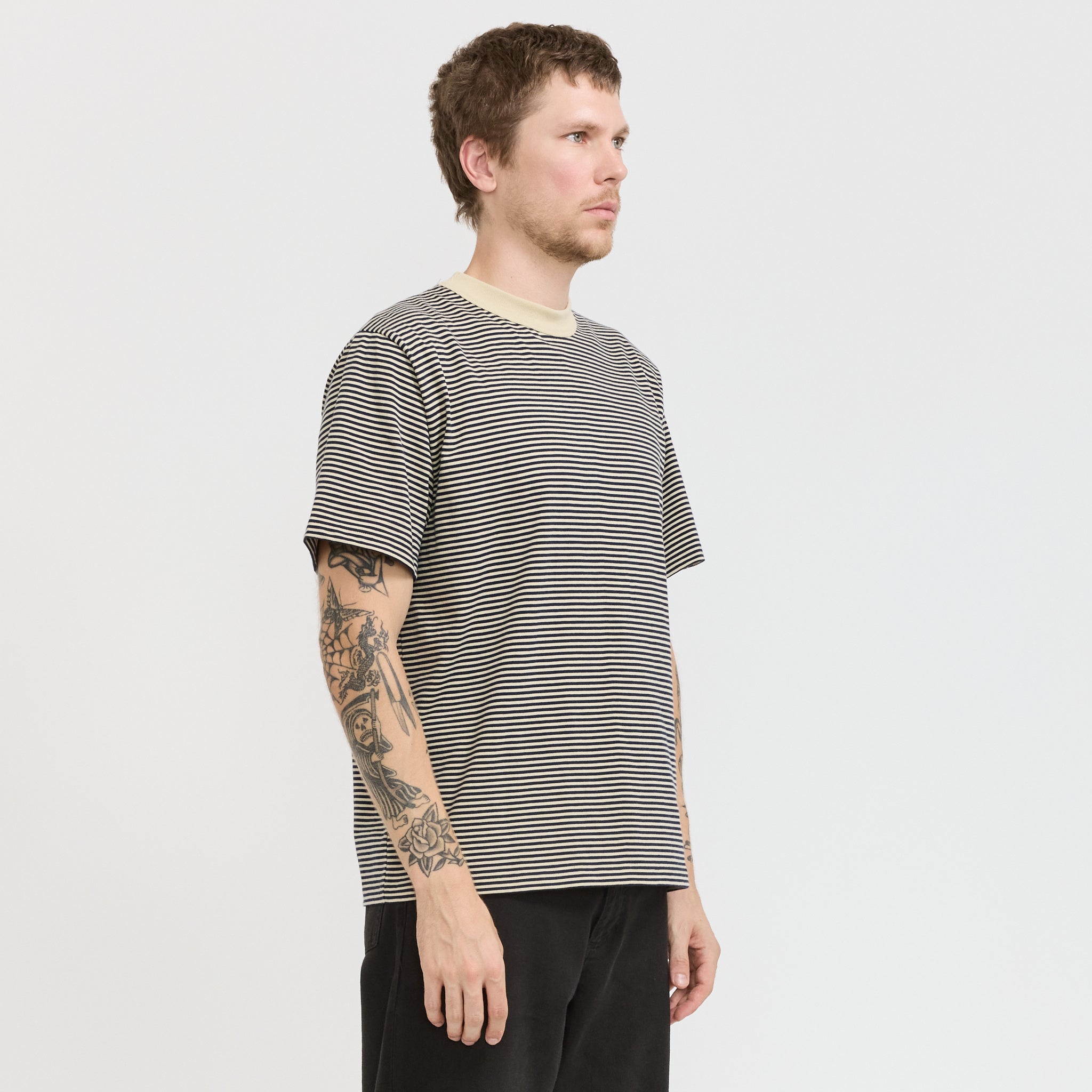 Armor Lux | Striped Heritage T-Shirt Gravel/Marine Deep Navy | Maplestore