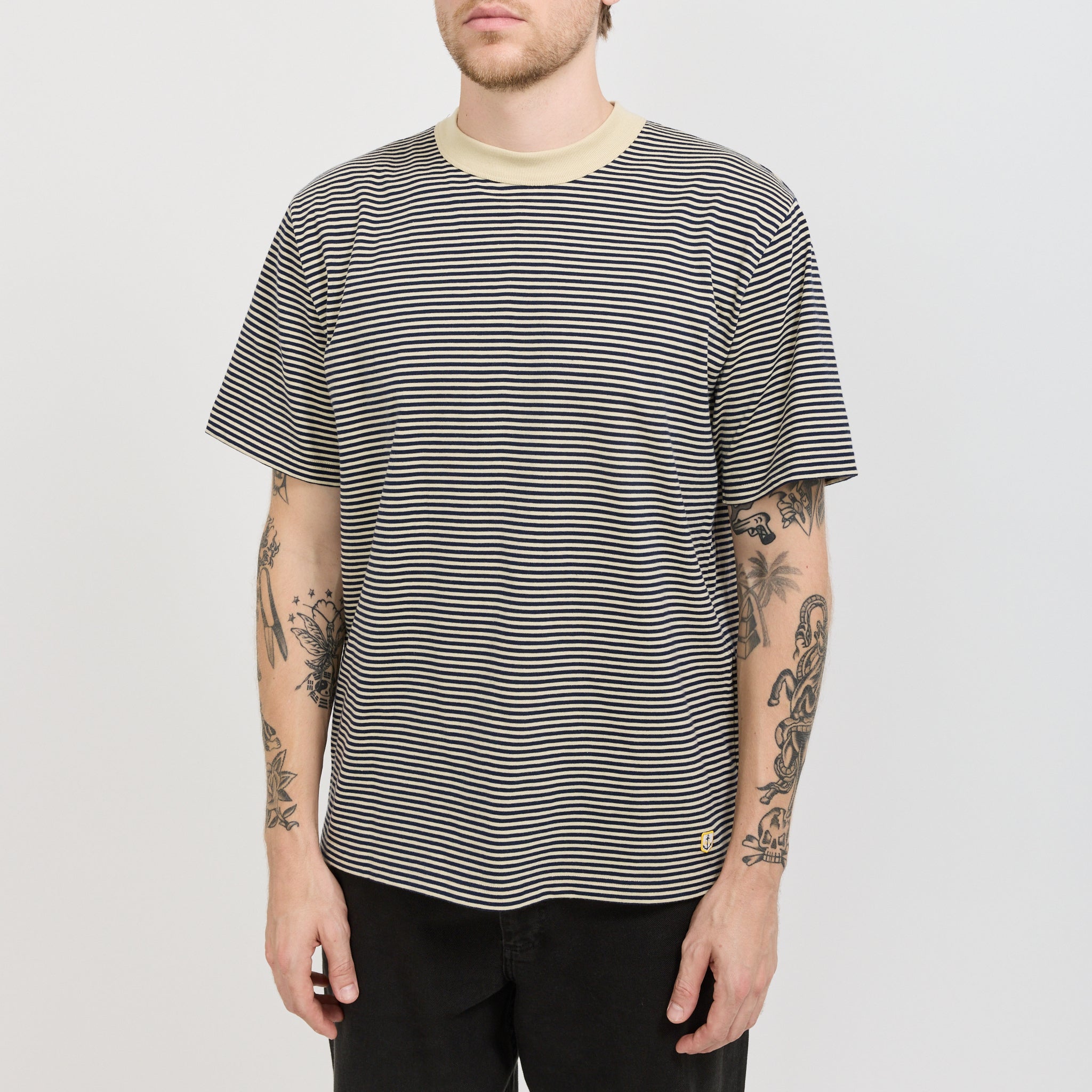 Armor Lux | Striped Heritage T-Shirt Gravel/Marine Deep Navy | Maplestore