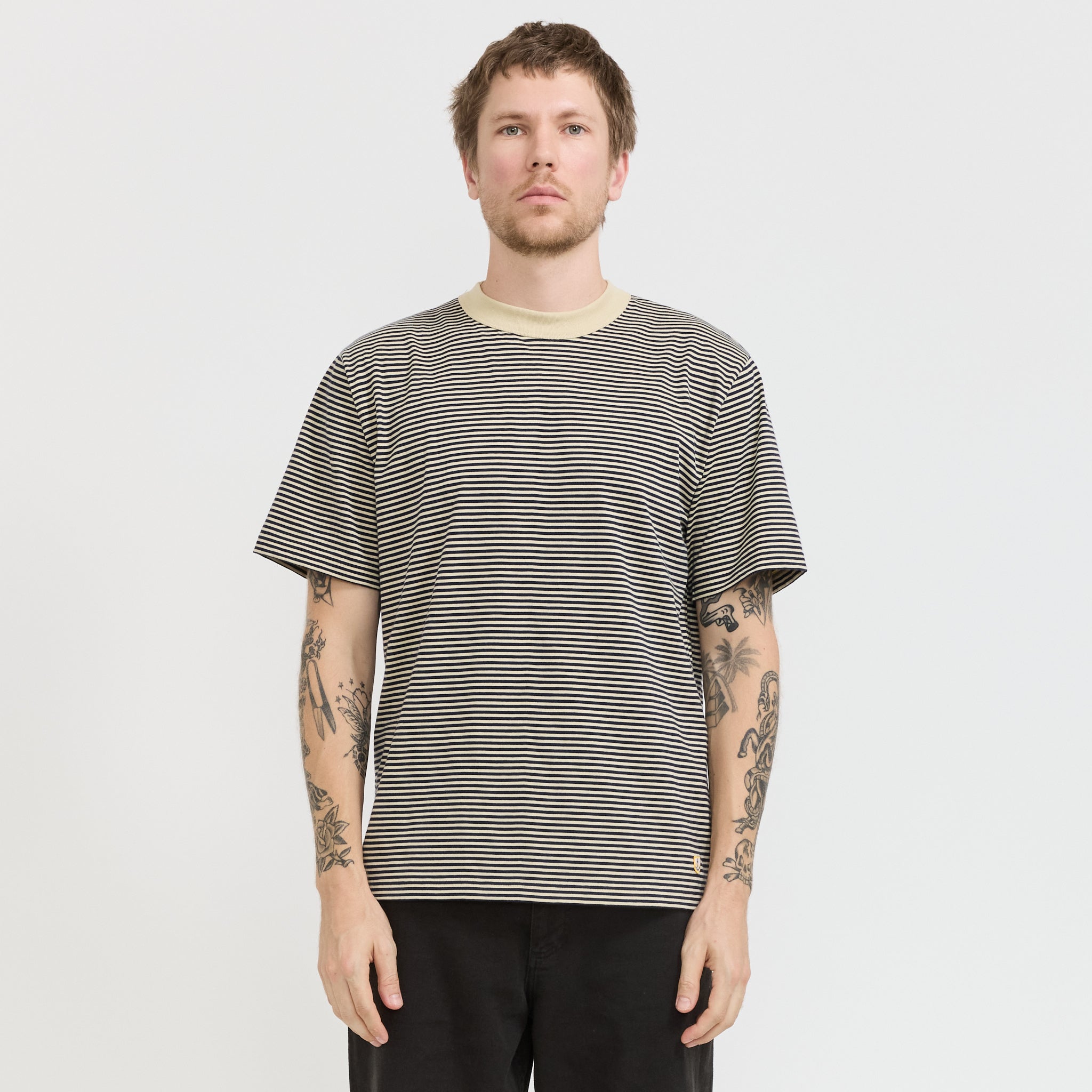 Armor Lux | Striped Heritage T-Shirt Gravel/Marine Deep Navy | Maplestore
