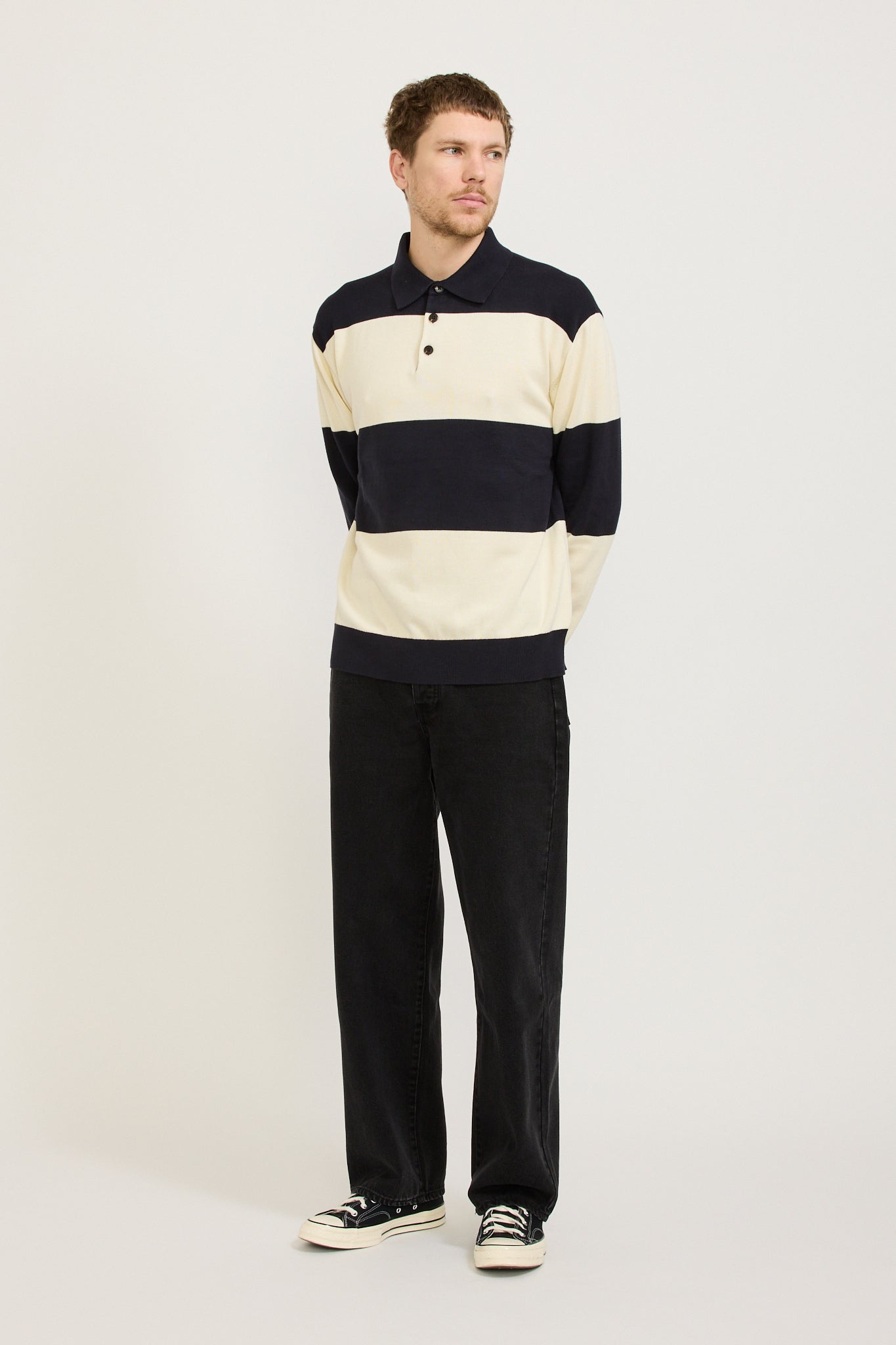 Assembly Label | Carter Cotton Long Sleeve Knit Polo True Navy/Cream | Maplestore