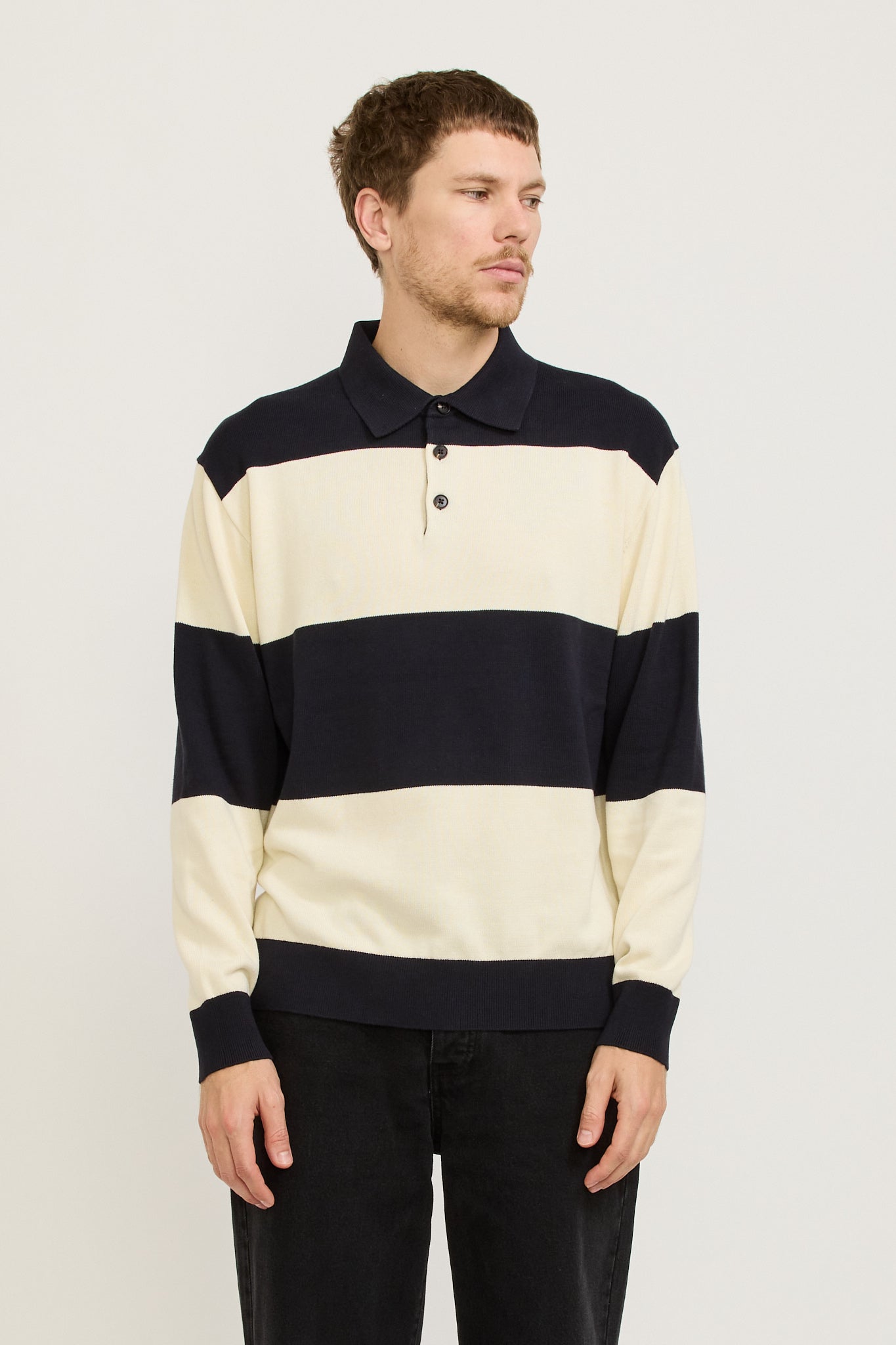 Assembly Label | Carter Cotton Long Sleeve Knit Polo True Navy/Cream | Maplestore