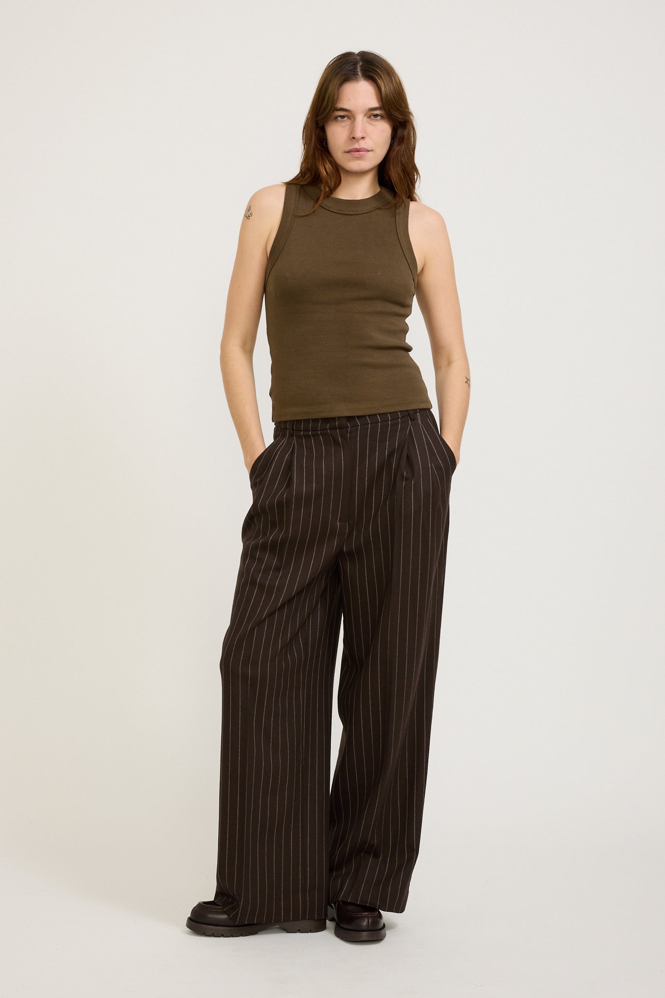 Assembly Label | Sofia Wool Pinstripe Pant Chestnut Stripe | Maplestore