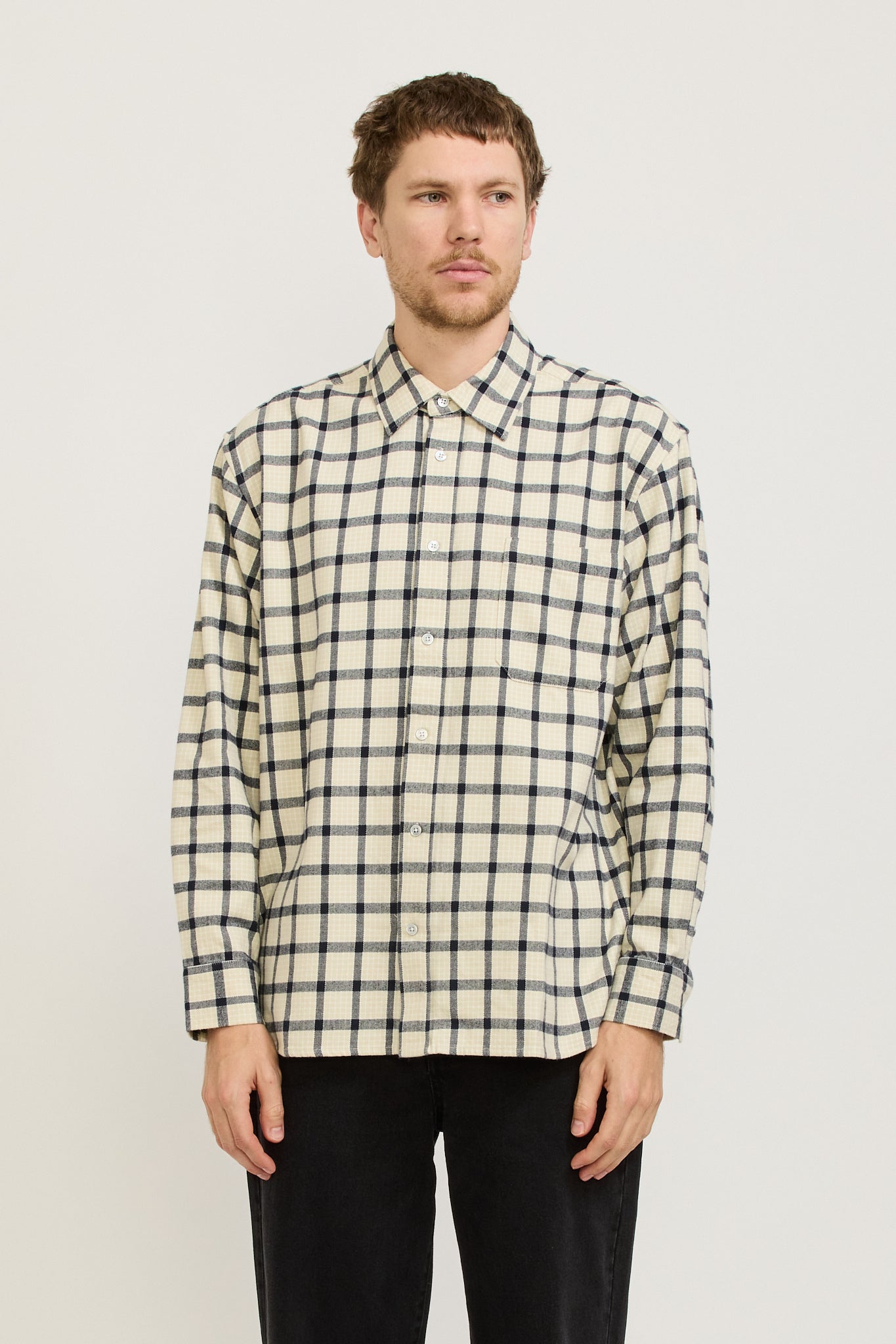 Assembly Label | Reuben Check Overshirt Limestone/True Navy | Maplestore