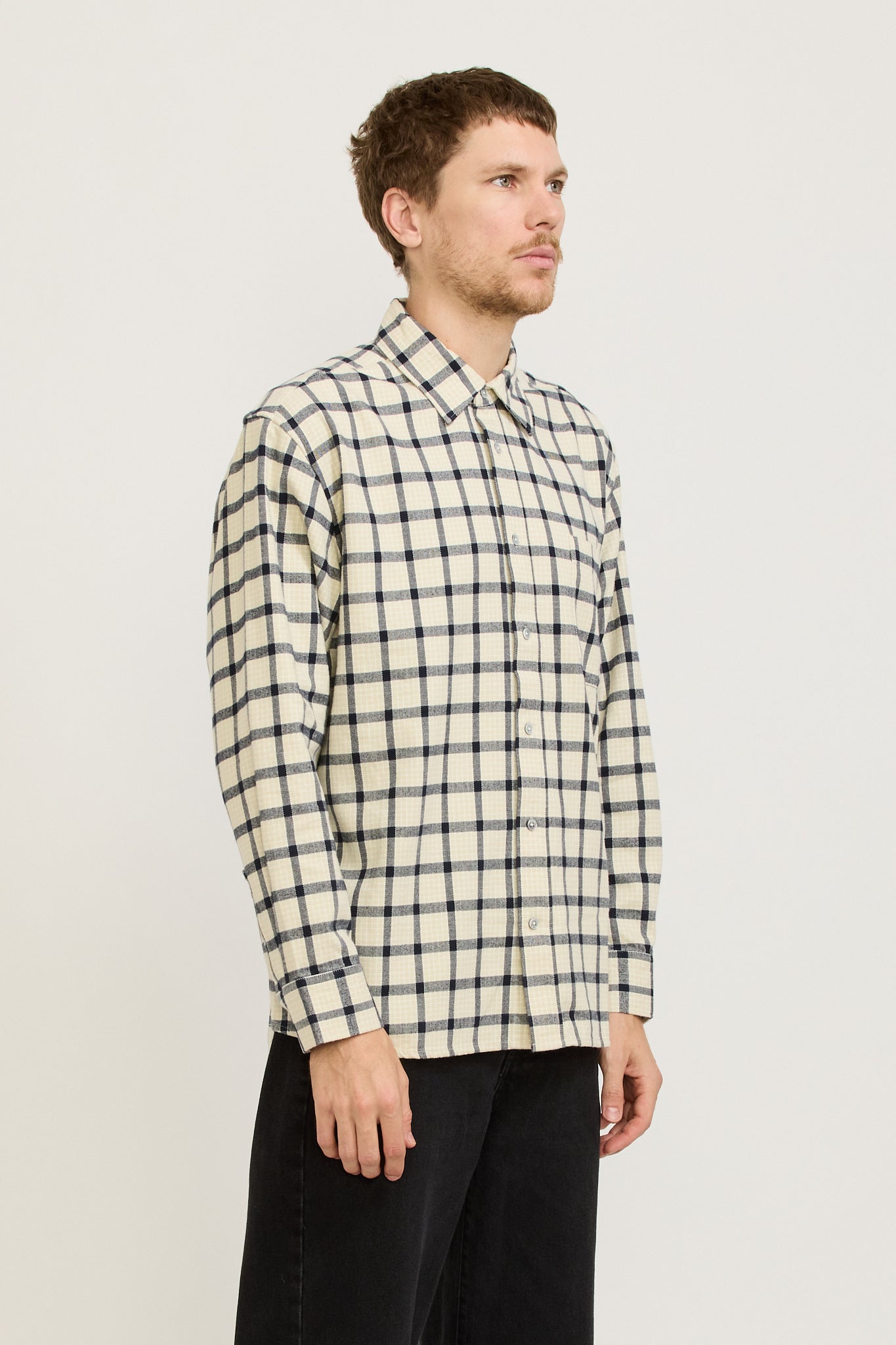 Assembly Label | Reuben Check Overshirt Limestone/True Navy | Maplestore