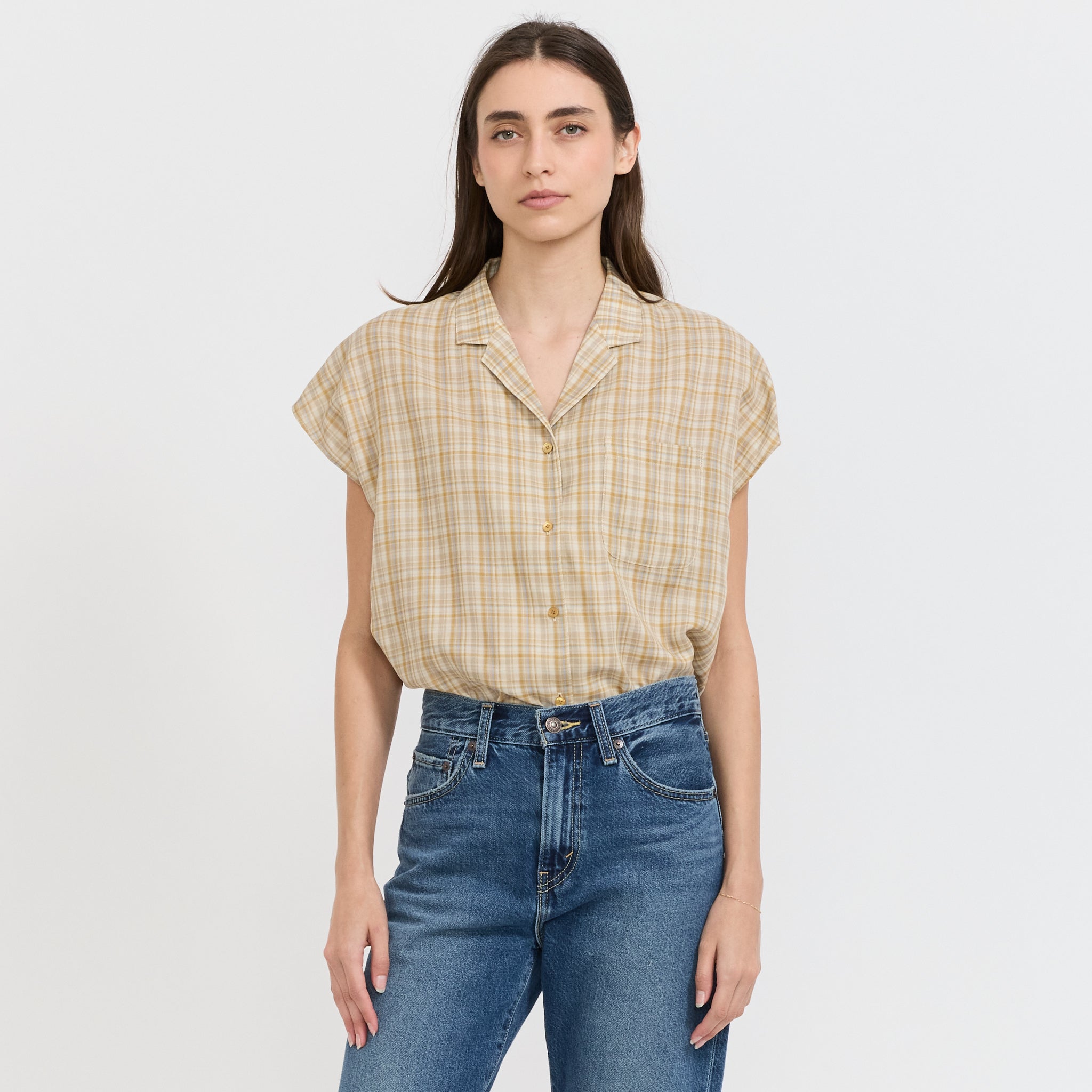 Sleeveless Check Shirt Mustard