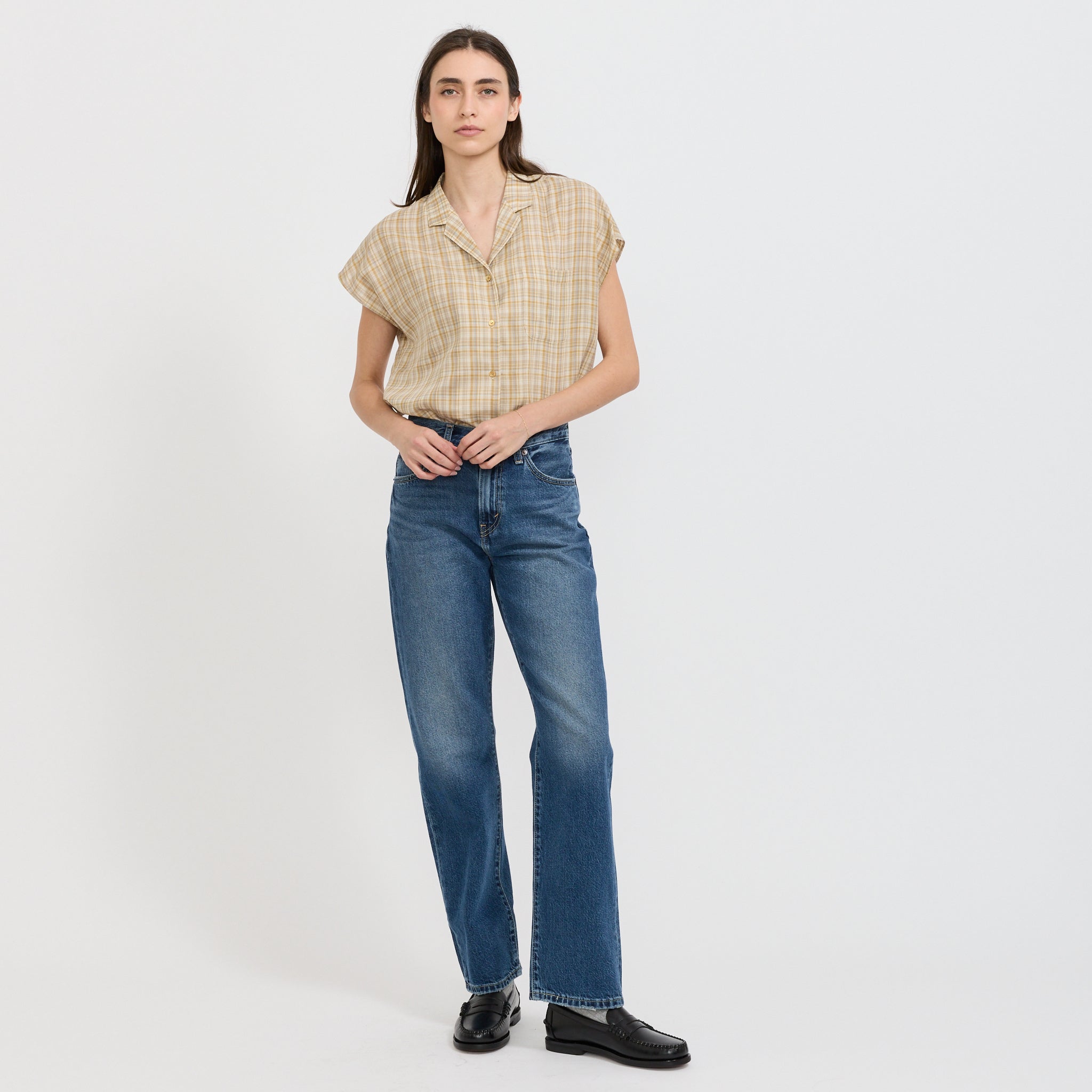 Sleeveless Check Shirt Mustard