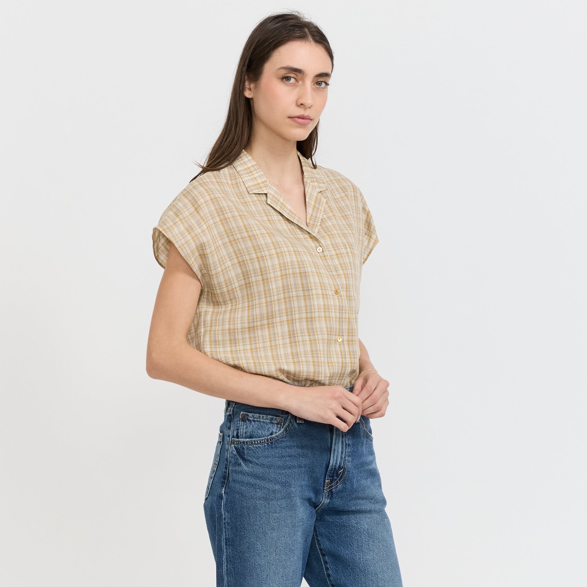 Sleeveless Check Shirt Mustard