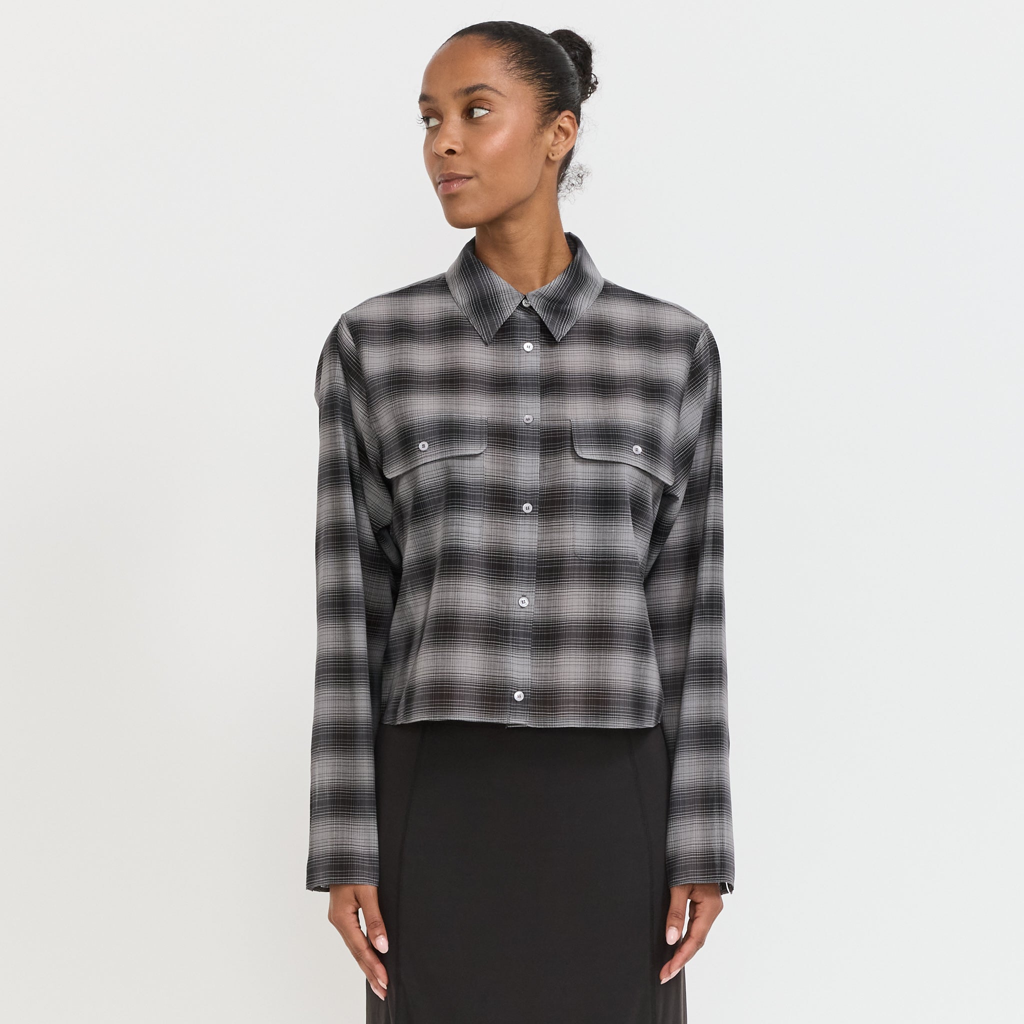 Wool Cropped Check Shirt Charcoal | Maplestore