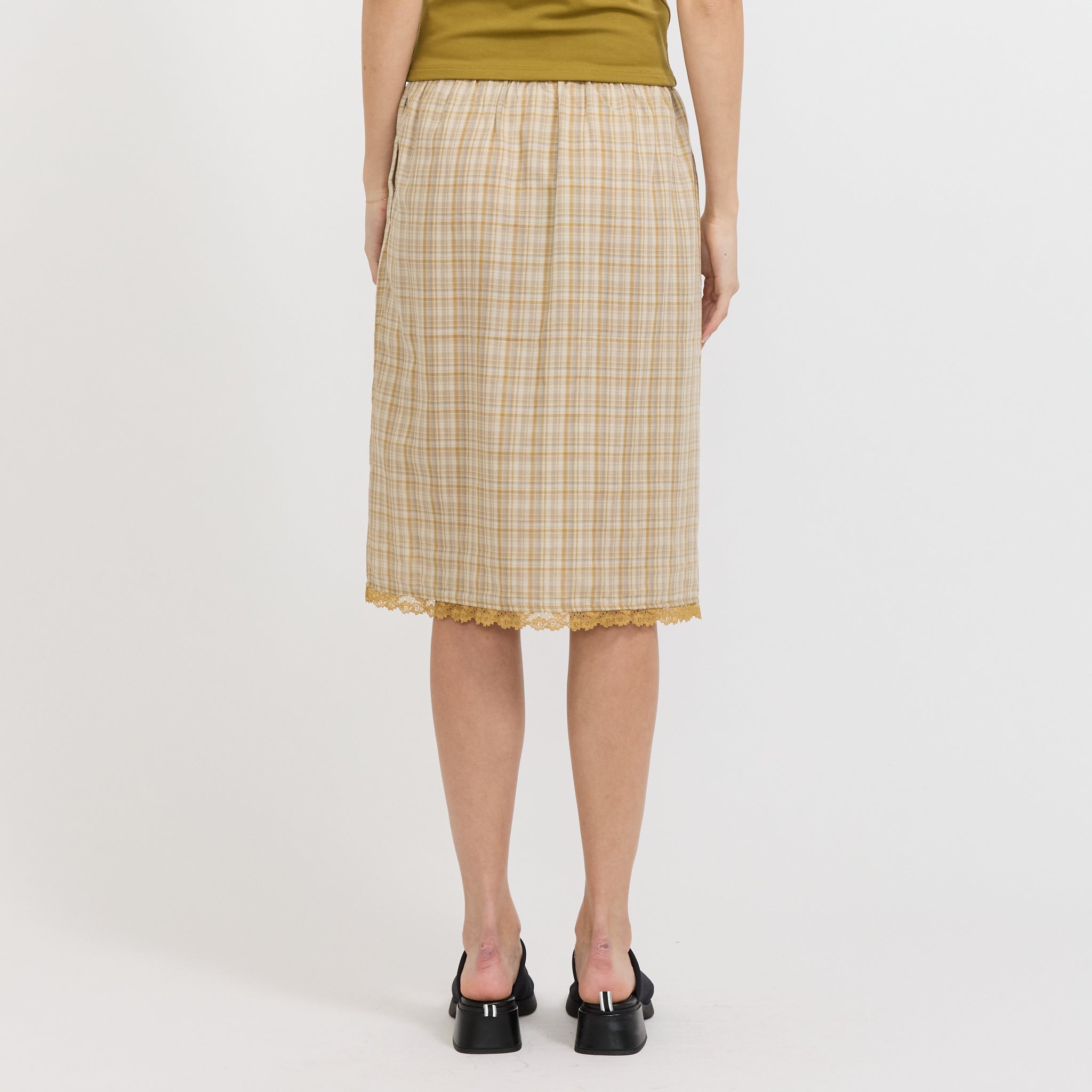 Embroidered Lace Check Skirt Mustard