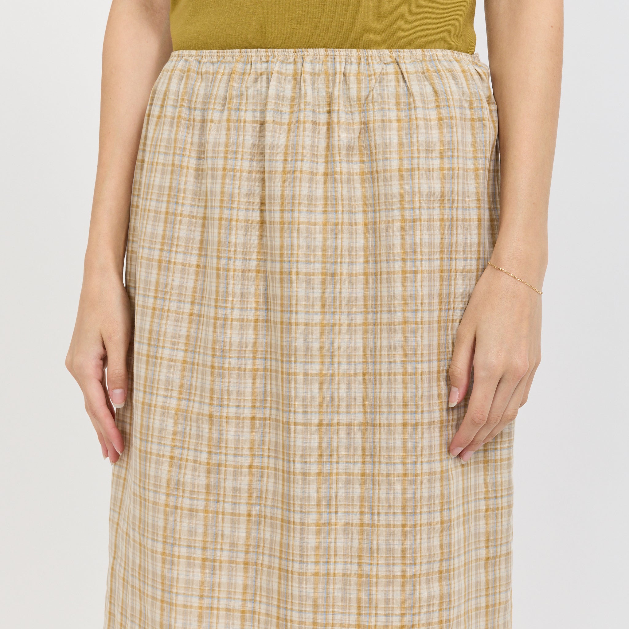 Embroidered Lace Check Skirt Mustard