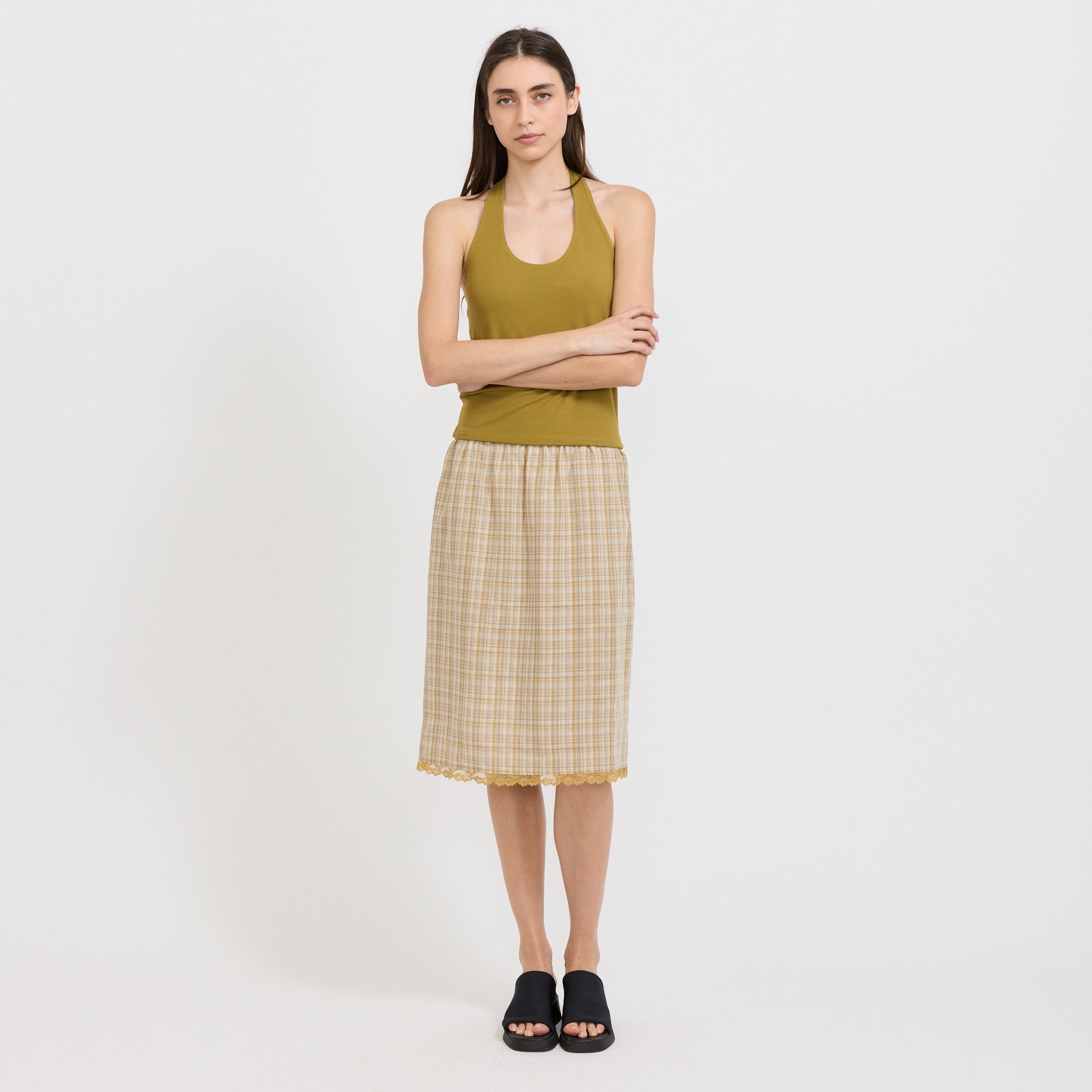 Embroidered Lace Check Skirt Mustard