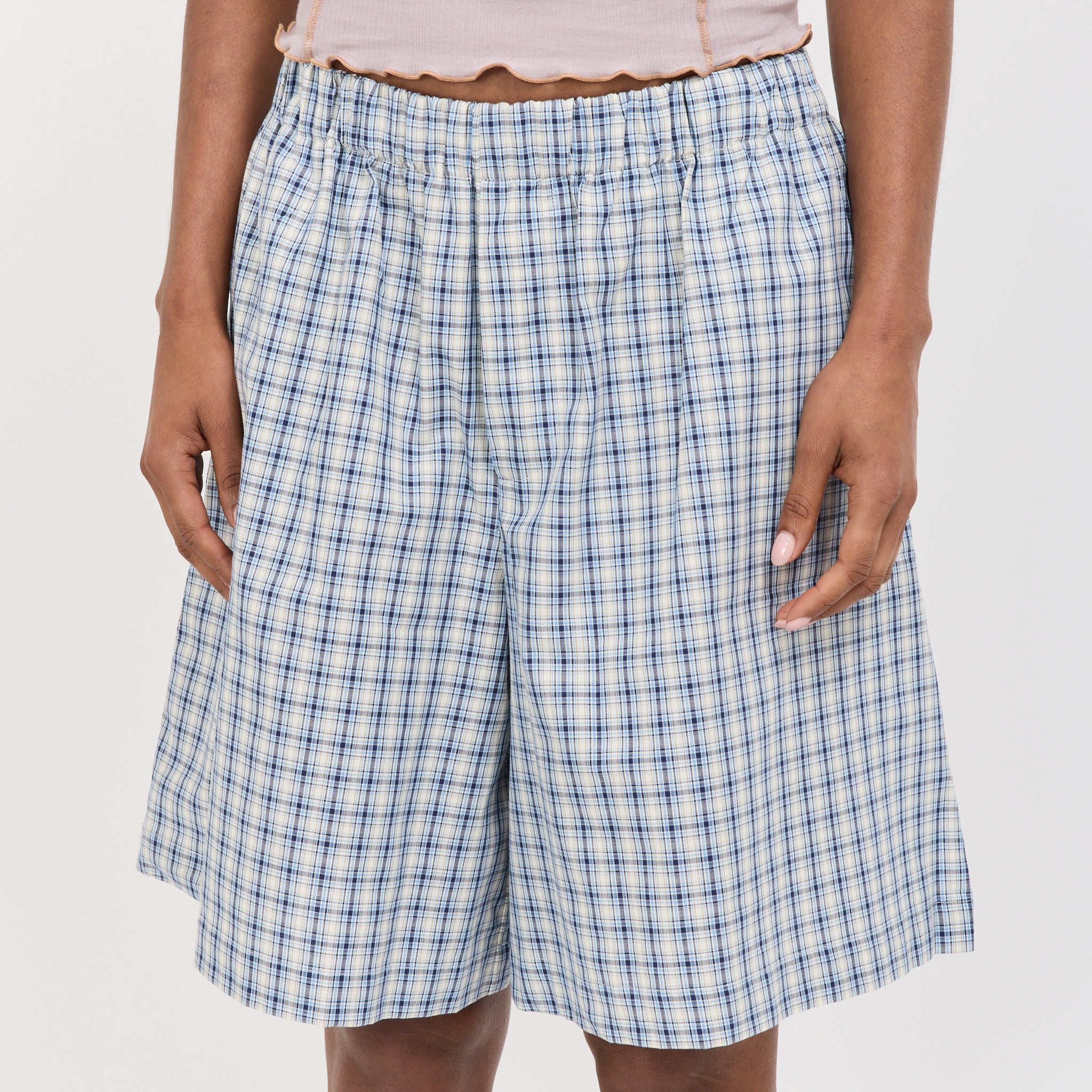 Claude Shorts Blue Check | Baserange Womens Organic Cotton Shorts