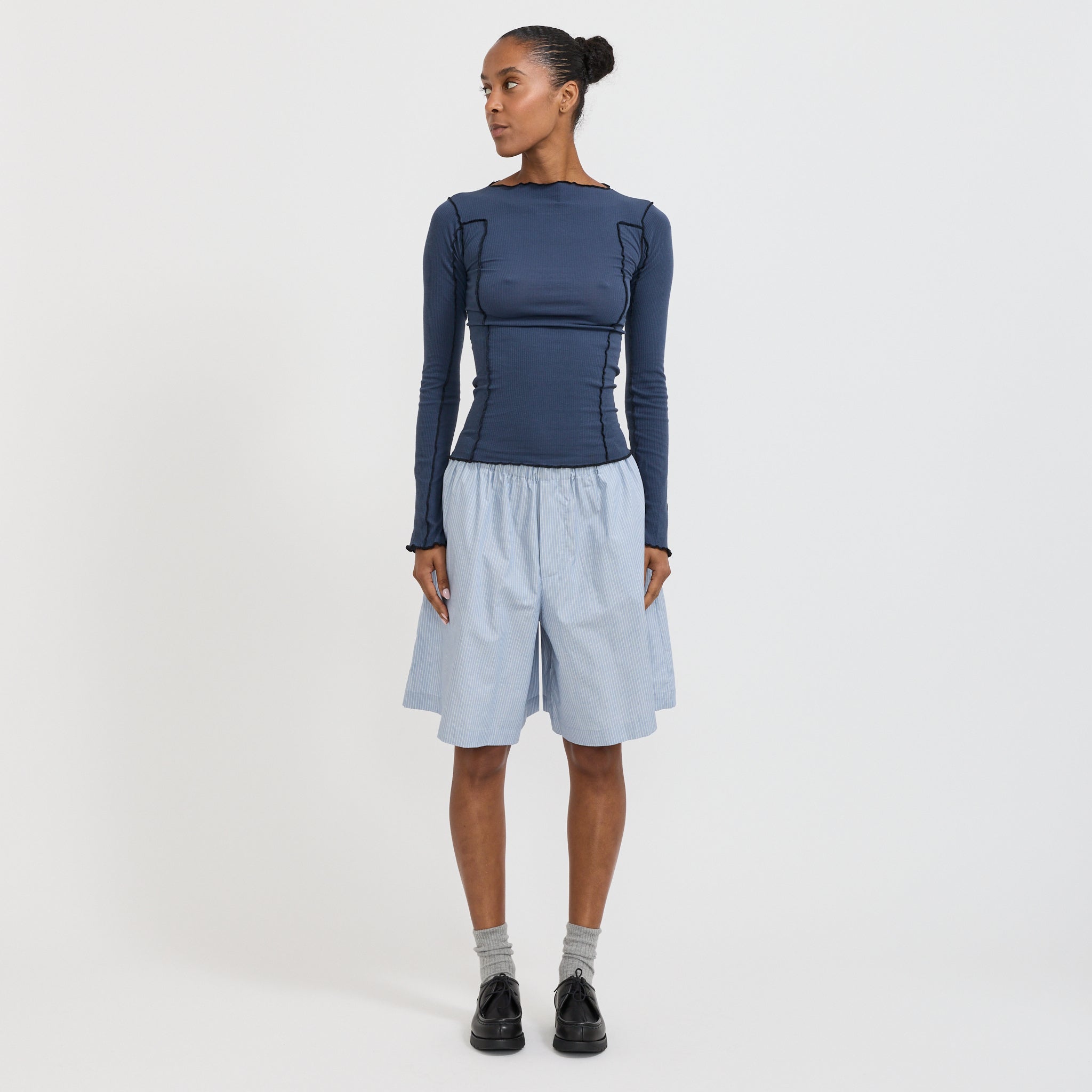 Claude Shorts Blue Stripe | Baserange Women's Organic Cotton
