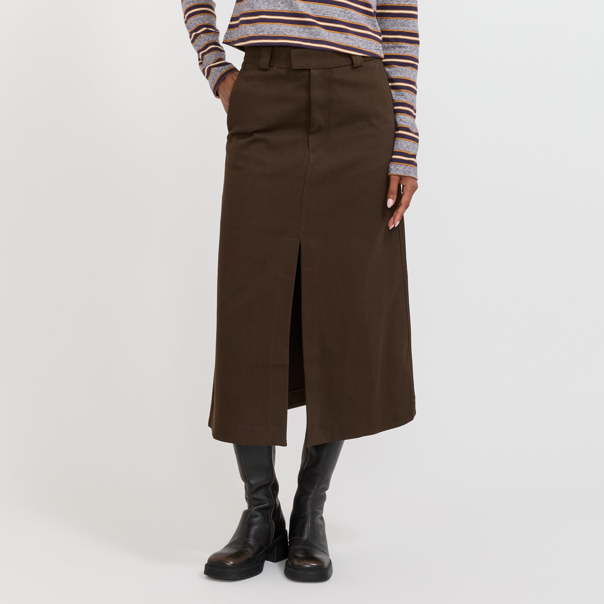 Bassike | Double Twill Longerline Skirt Dark Brown | Maplestore