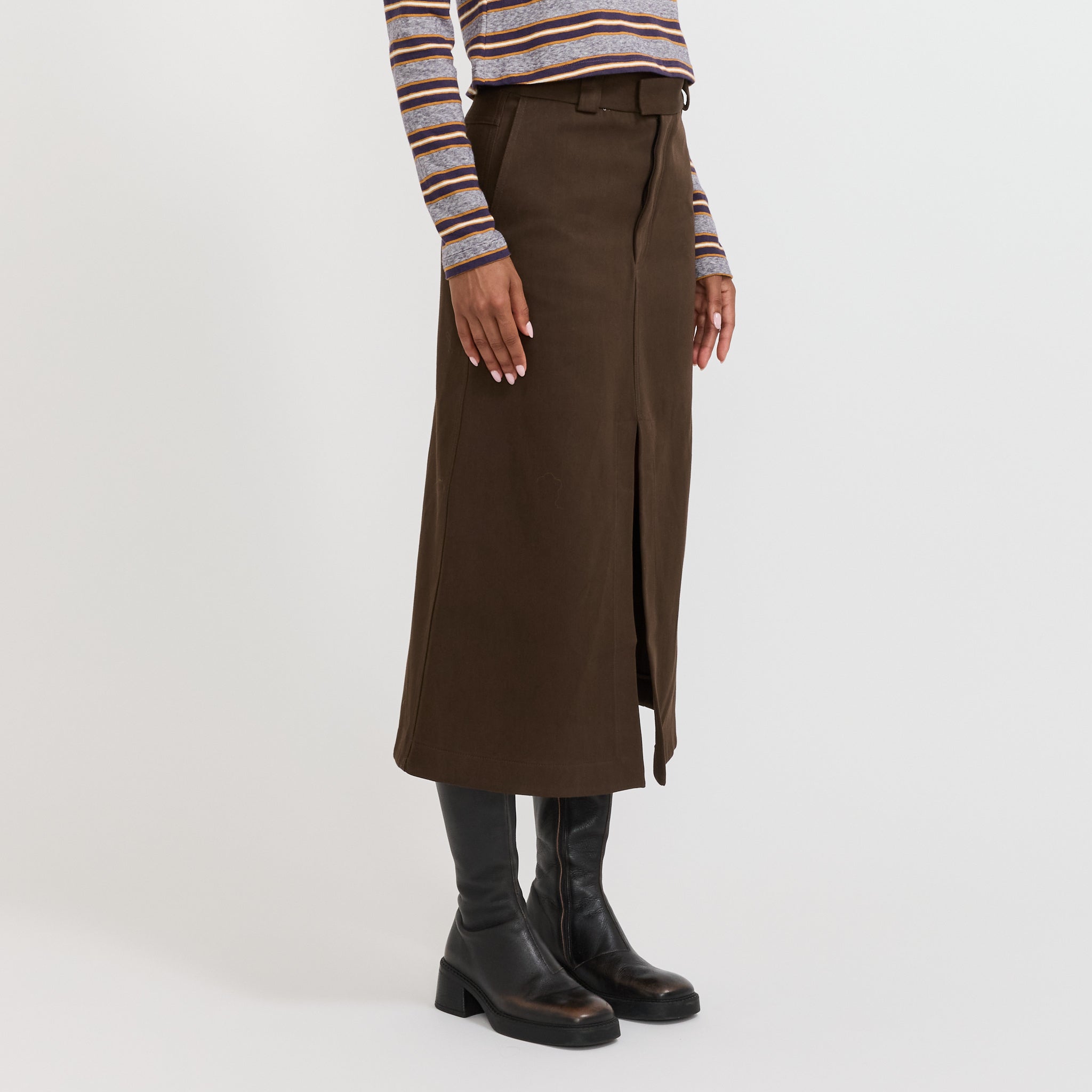 Bassike | Double Twill Longerline Skirt Dark Brown | Maplestore