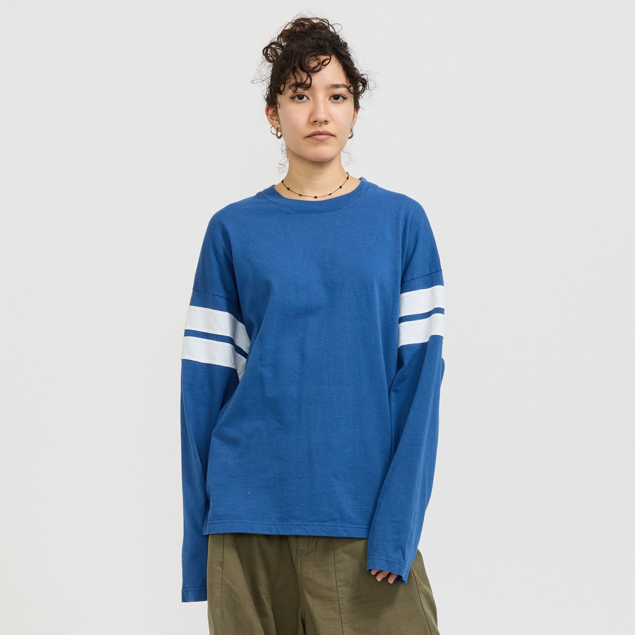 Boxy Rib Insert L/S T-Shirt Marine Blue/White