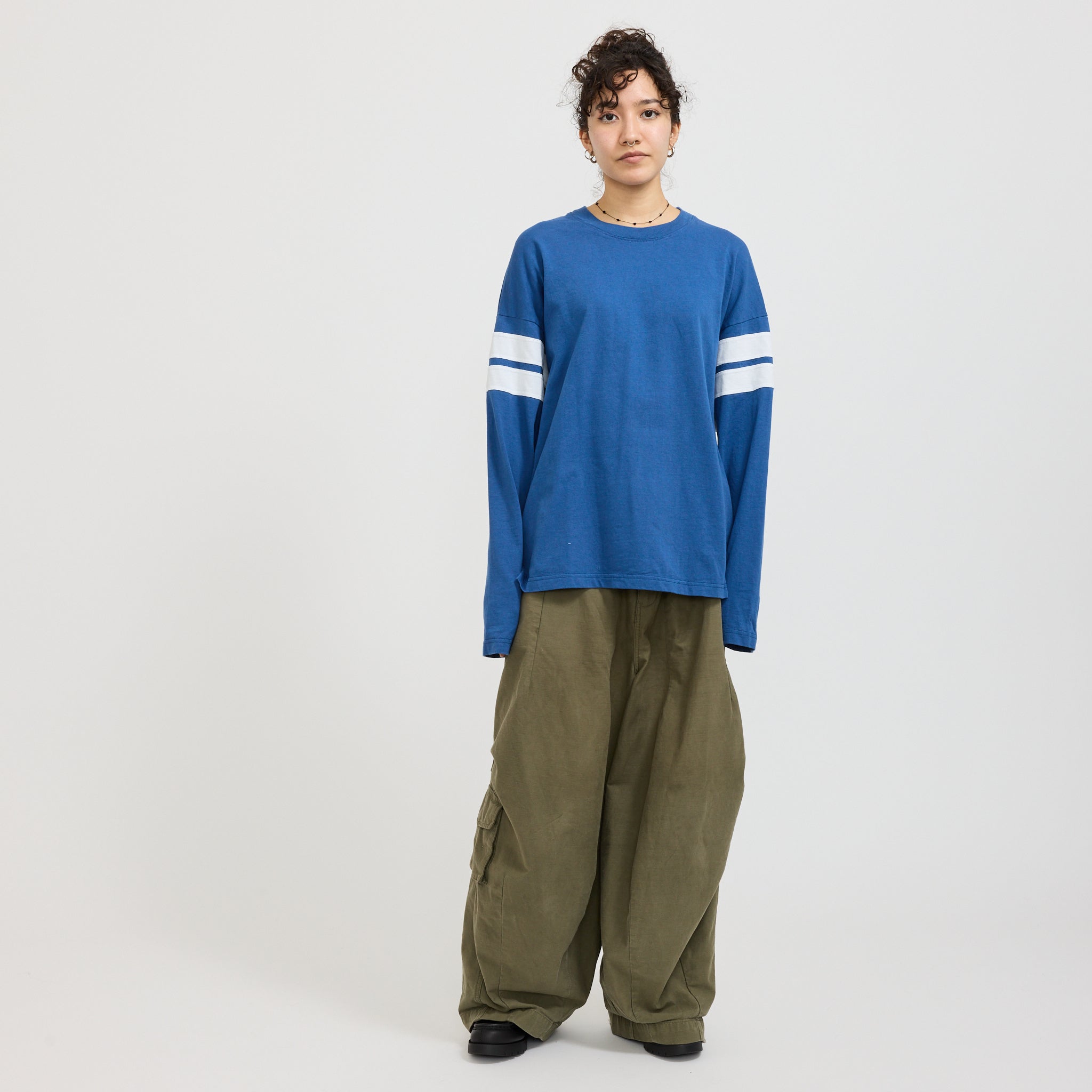Boxy Rib Insert L/S T-Shirt Marine Blue/White