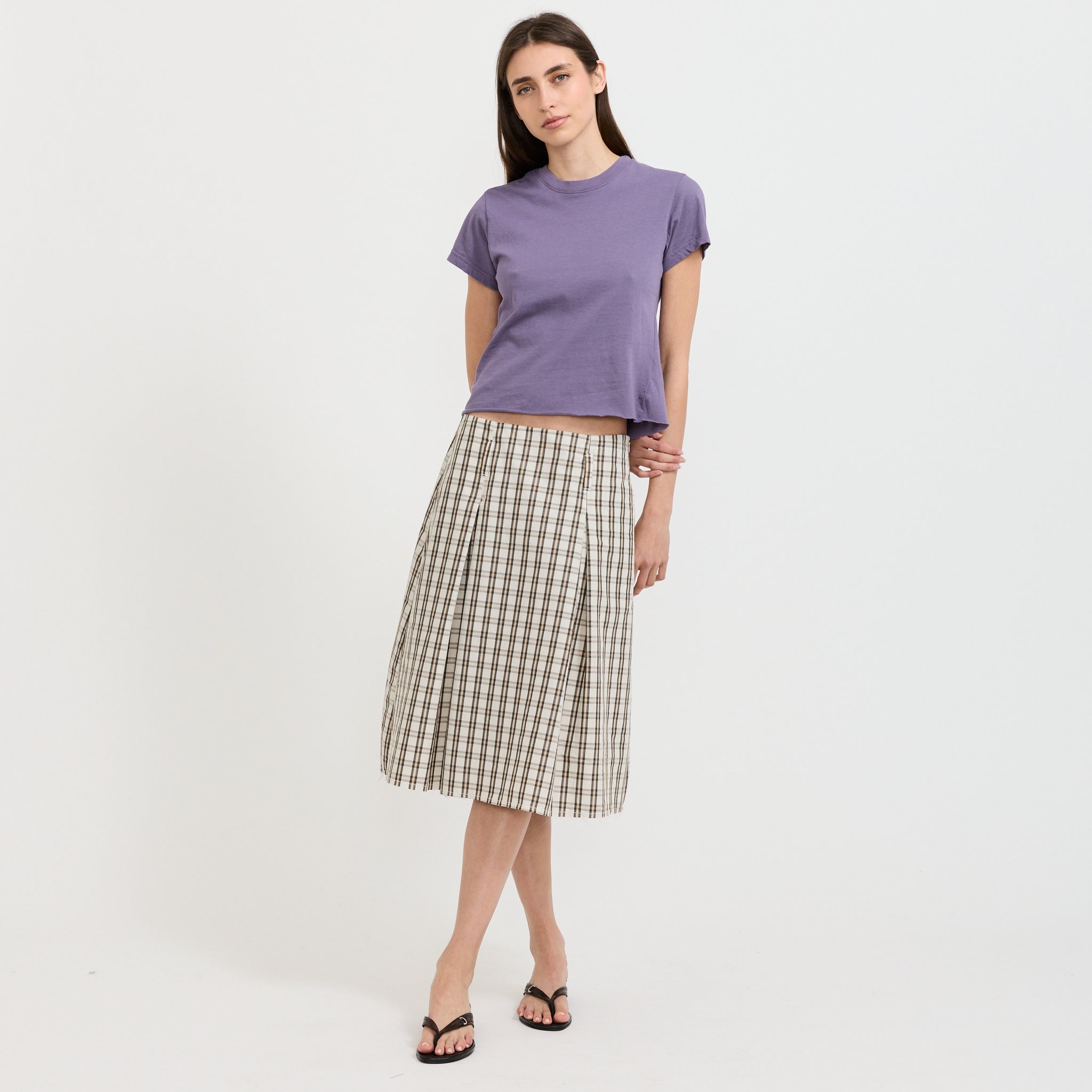 Check Box Pleat Detail Skirt Stone Tan Check