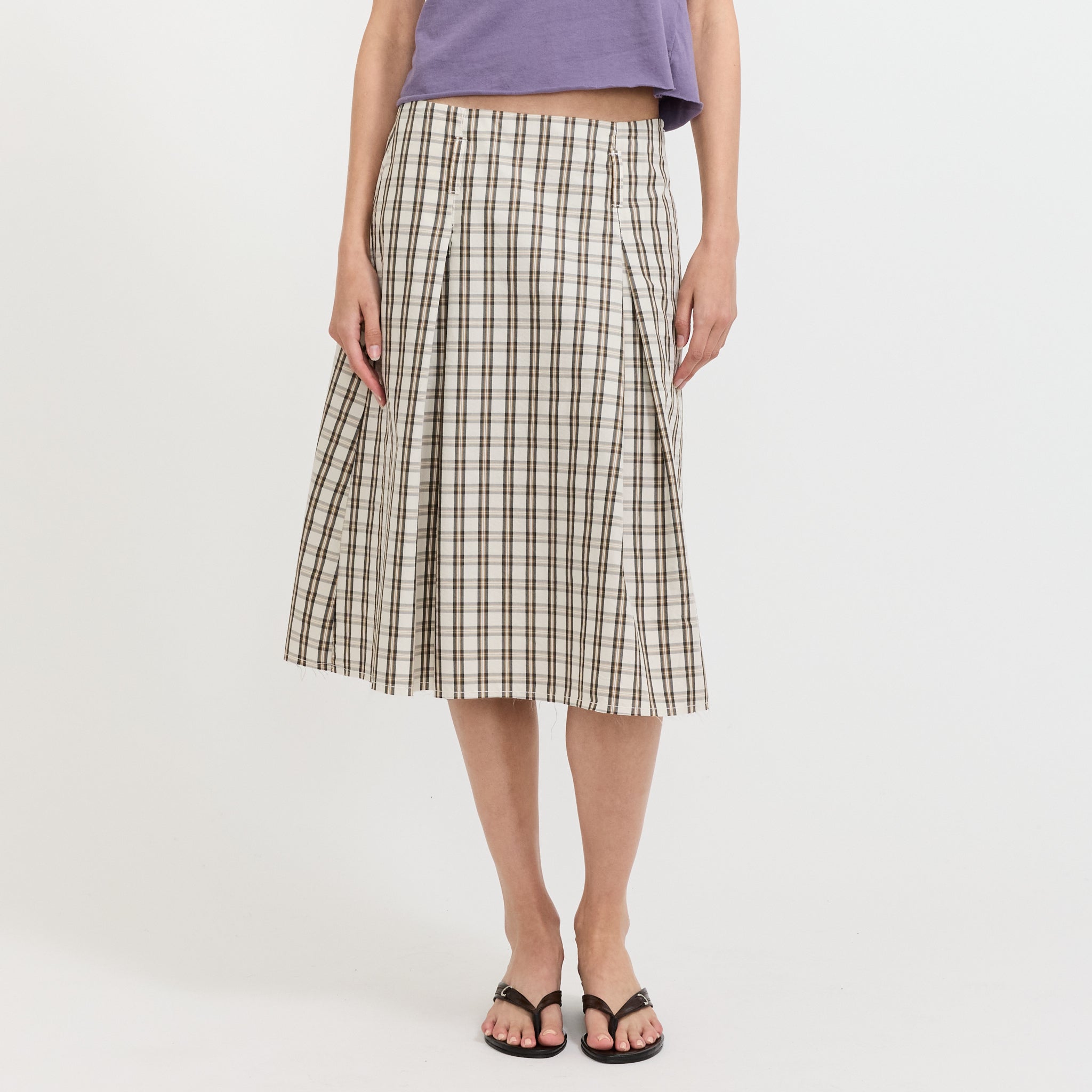 Check Box Pleat Detail Skirt Stone Tan Check