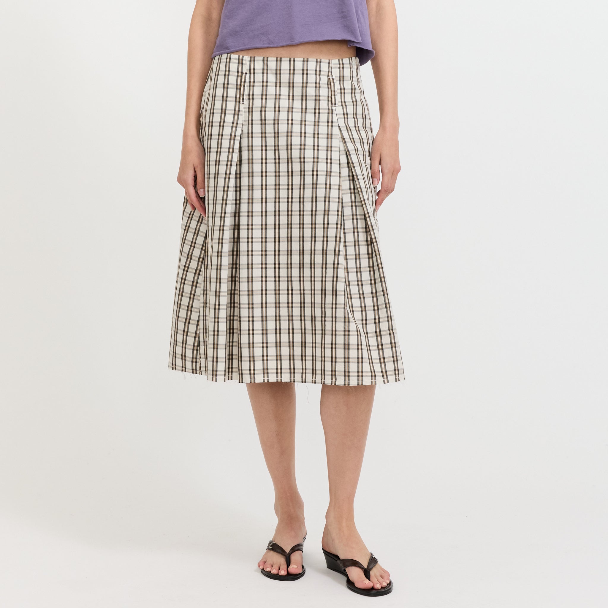 Check Box Pleat Detail Skirt Stone Tan Check