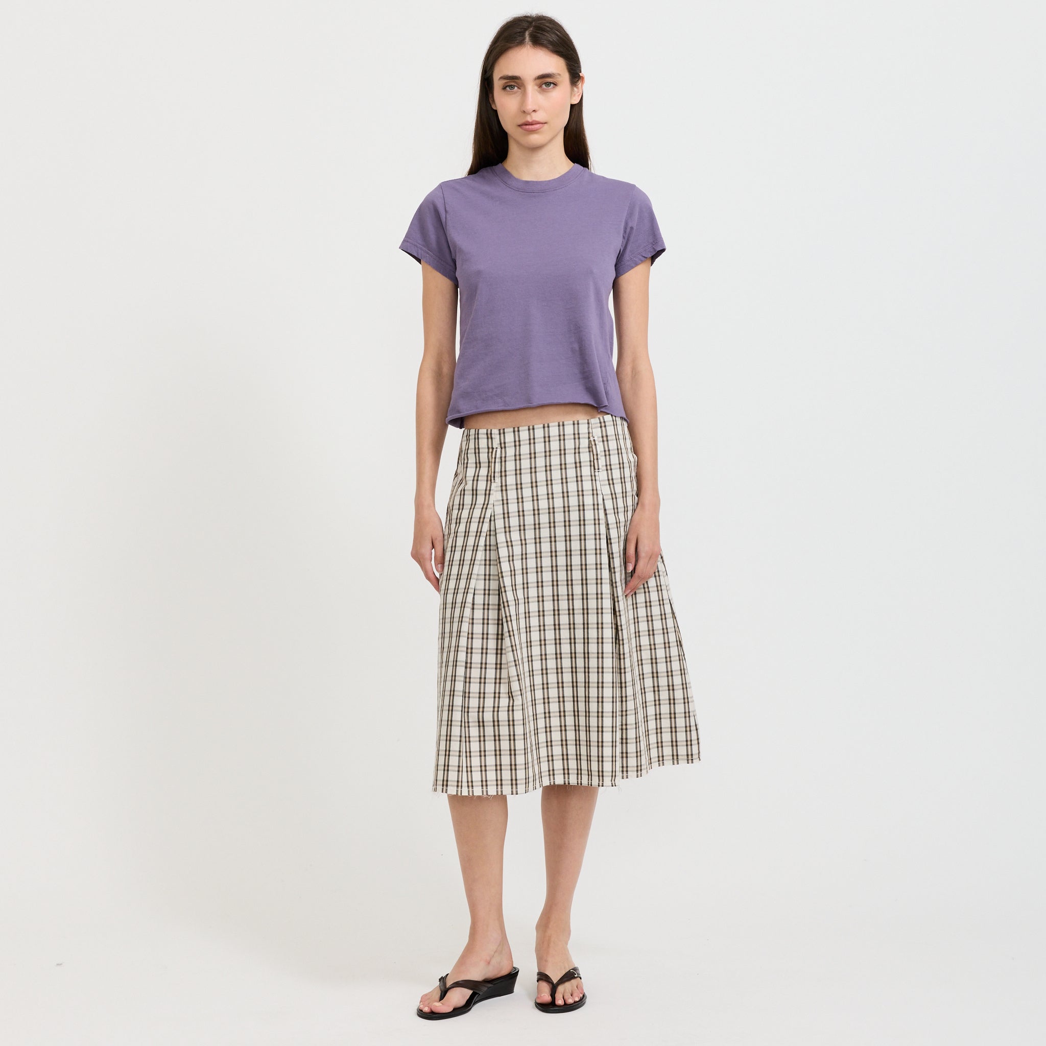 Check Box Pleat Detail Skirt Stone Tan Check