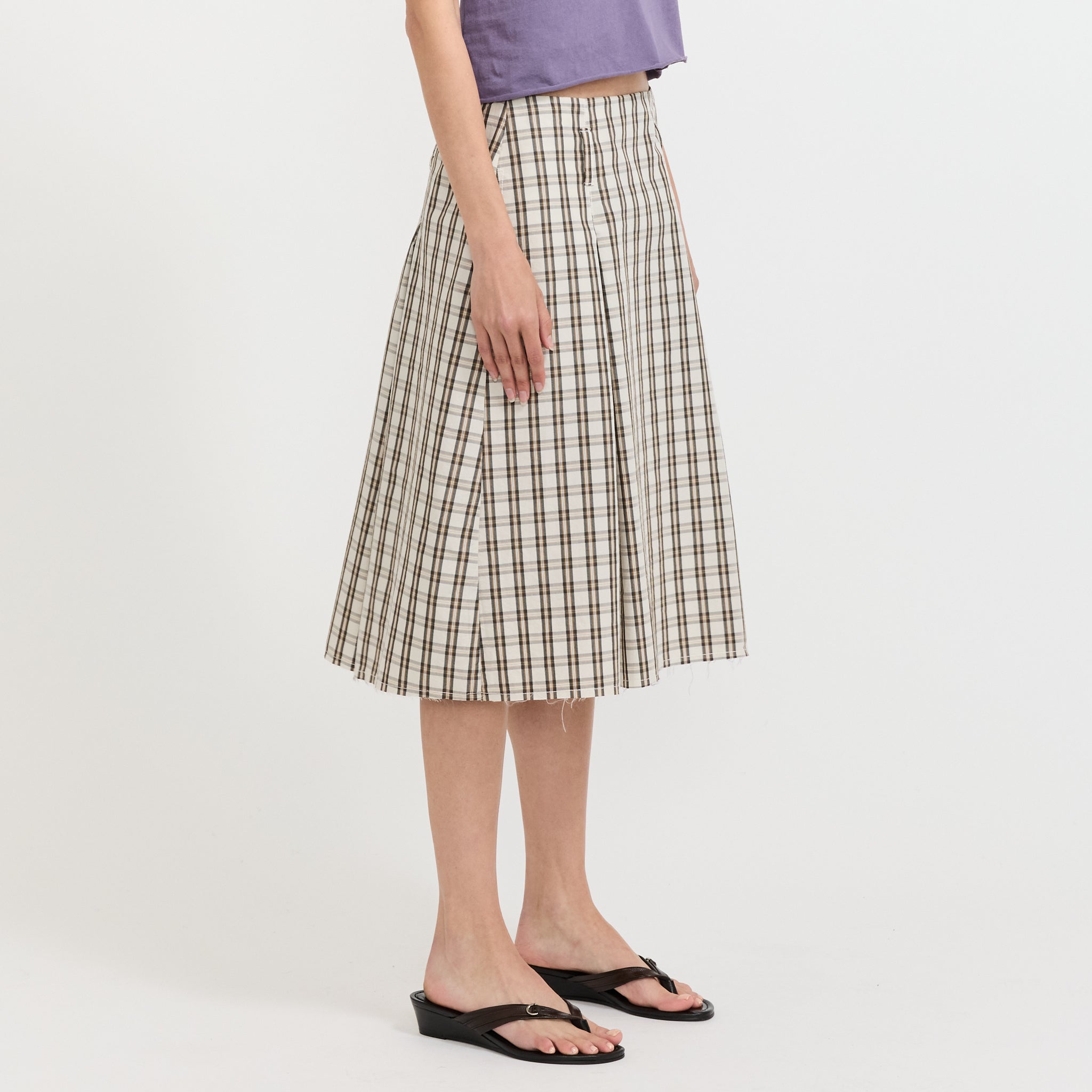 Check Box Pleat Detail Skirt Stone Tan Check