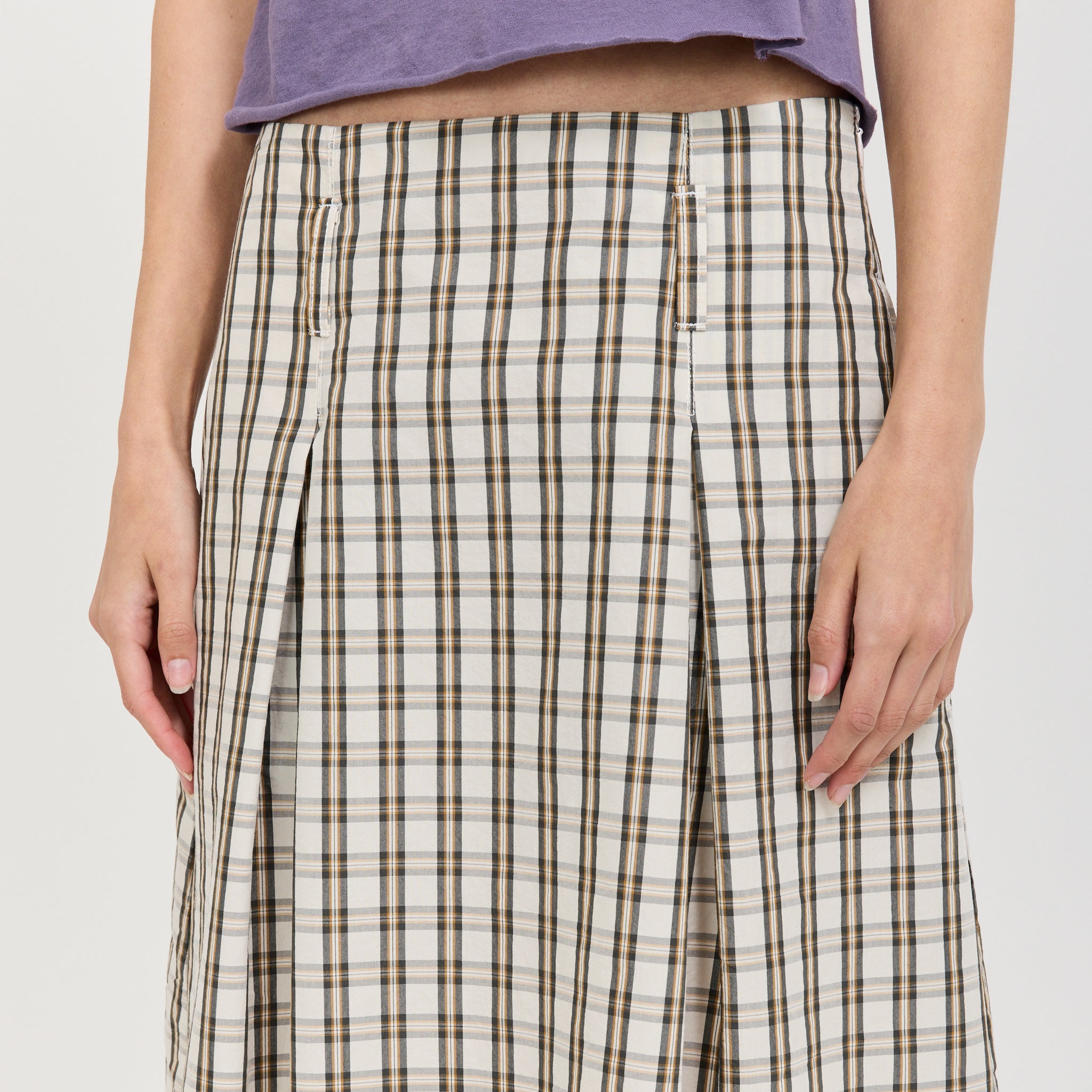 Check Box Pleat Detail Skirt Stone Tan Check
