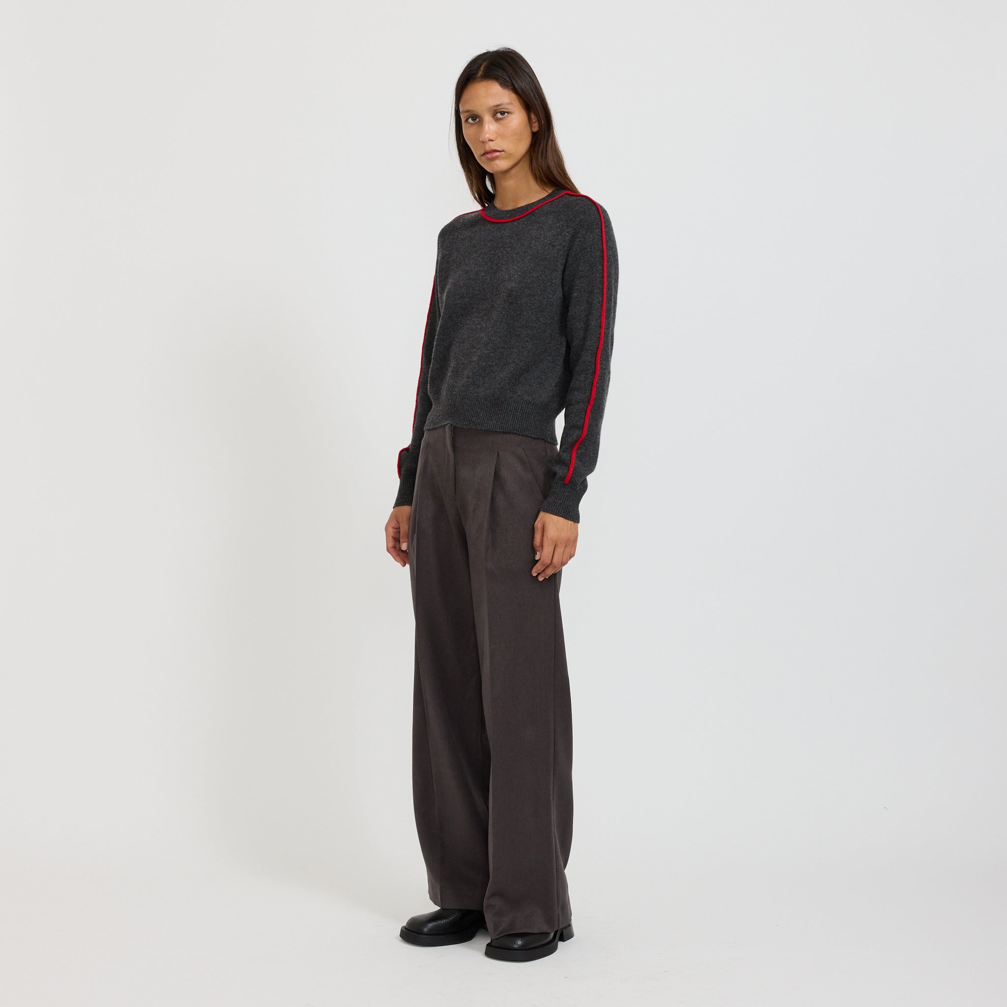 Bassike | Classic Stripe Detail Knit Dark Charcoal/Red | Maplestore