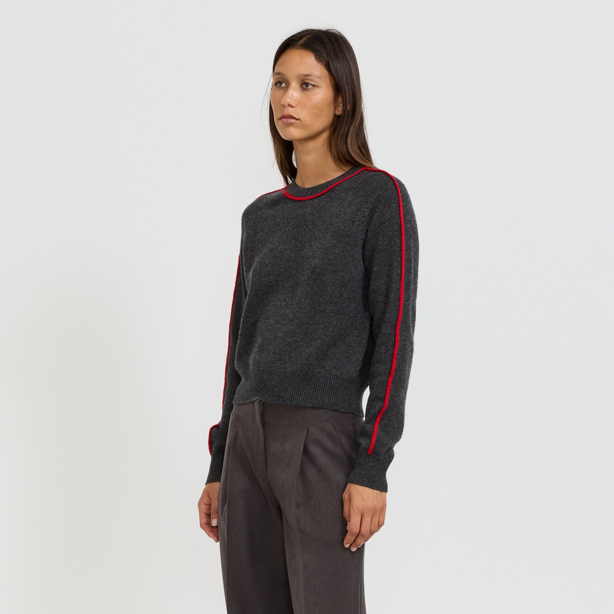 Bassike | Classic Stripe Detail Knit Dark Charcoal/Red | Maplestore