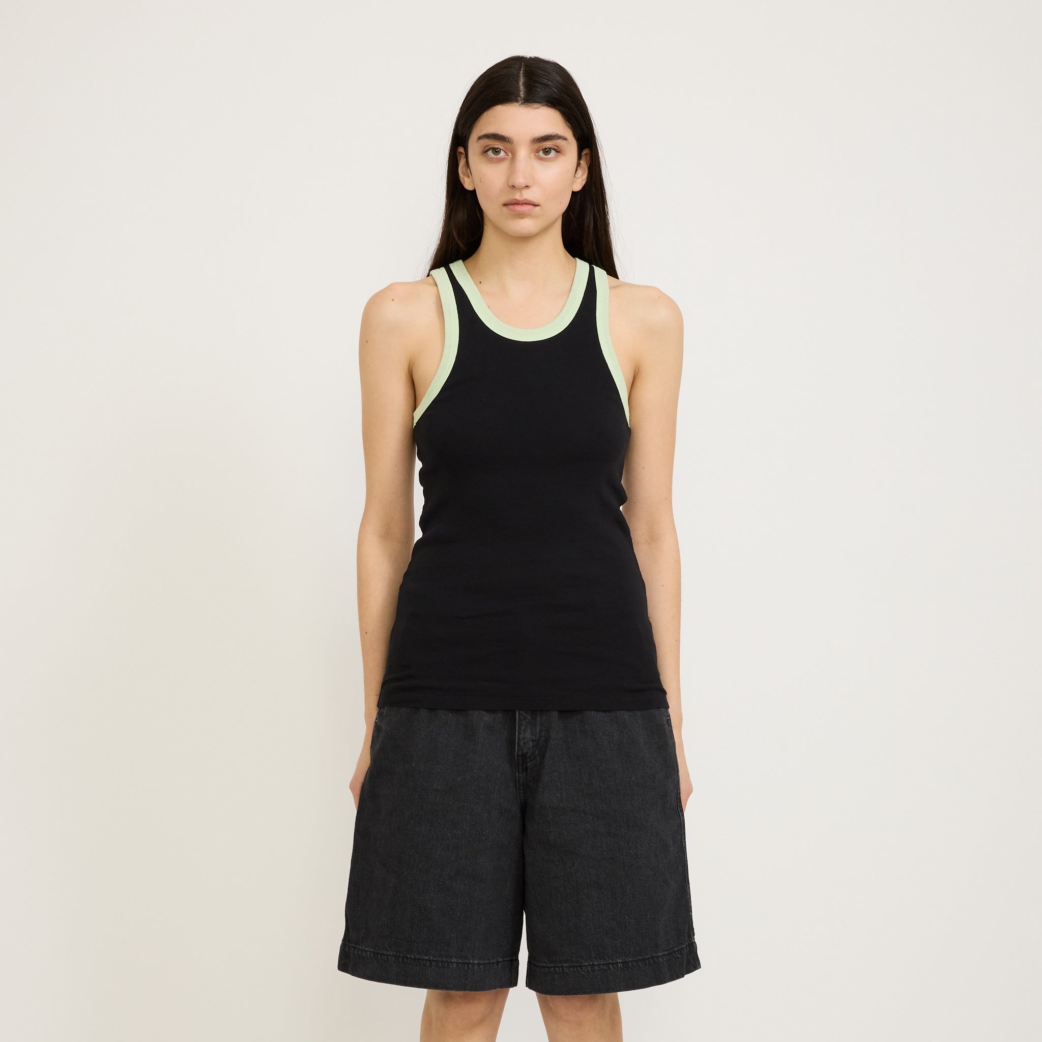 Bassike | Contrast Slim Rib Tank Black/Light Mint | Maplestore