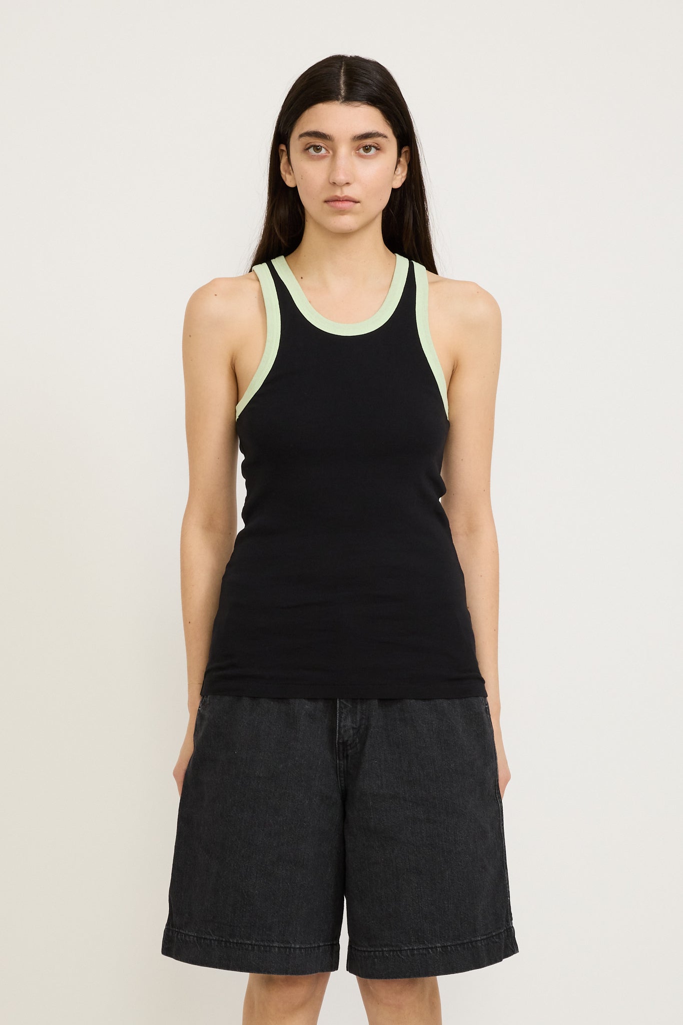 Bassike | Contrast Slim Rib Tank Black/Light Mint | Maplestore