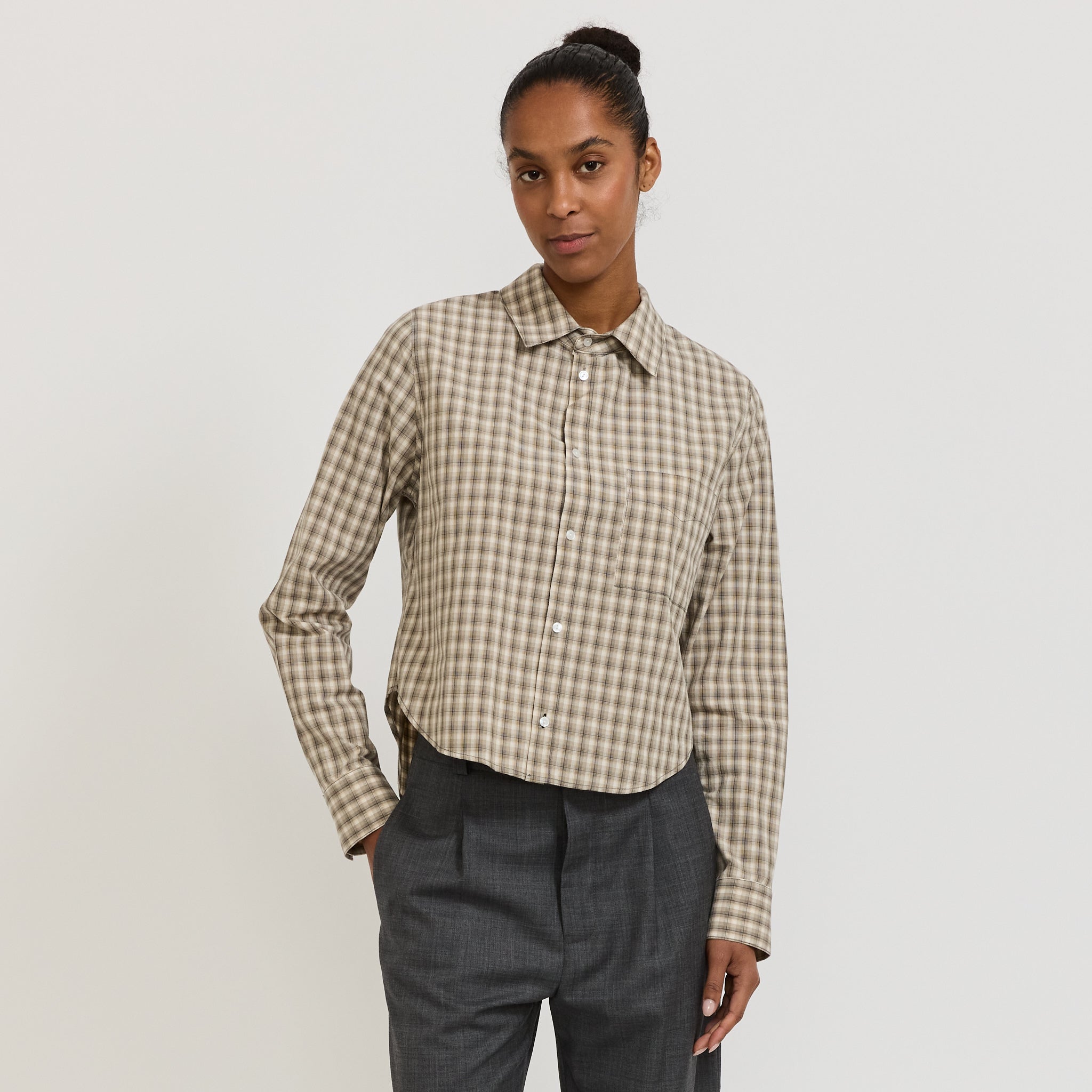 Bassike | Cotton Check Western Shirt Taupe/Natural Check | Maplestore