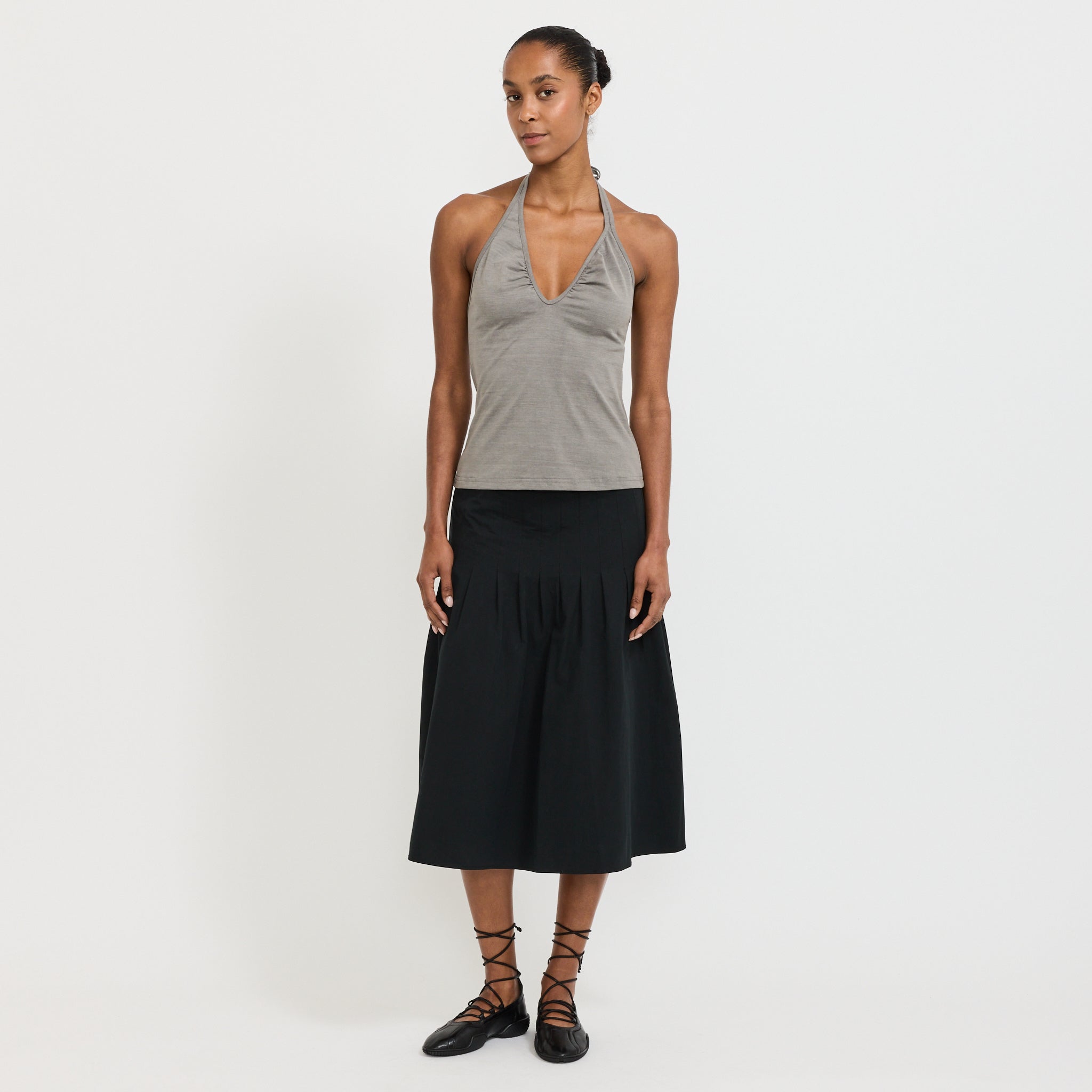 Crushed Cotton Pleated Skirt Black