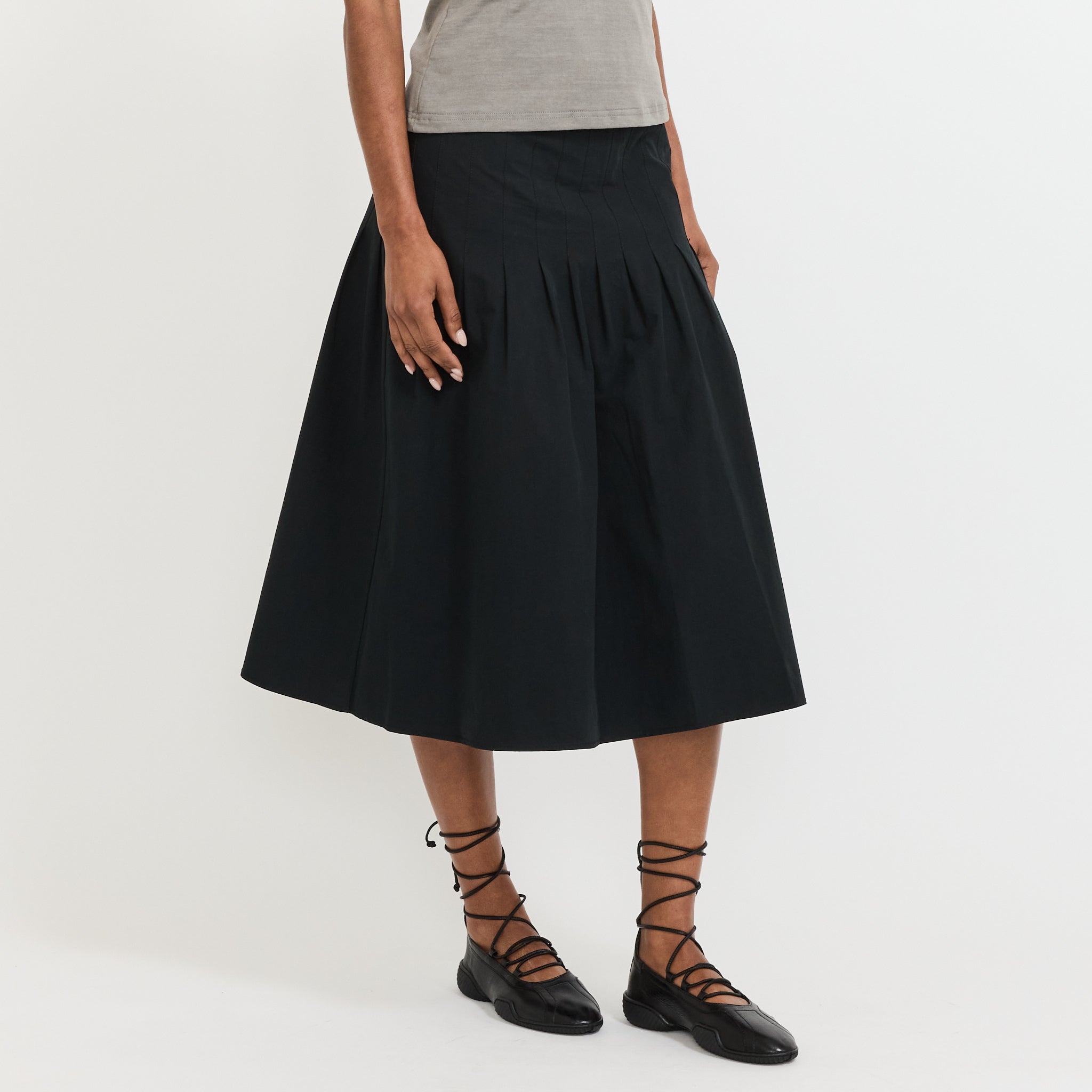 Crushed Cotton Pleated Skirt Black