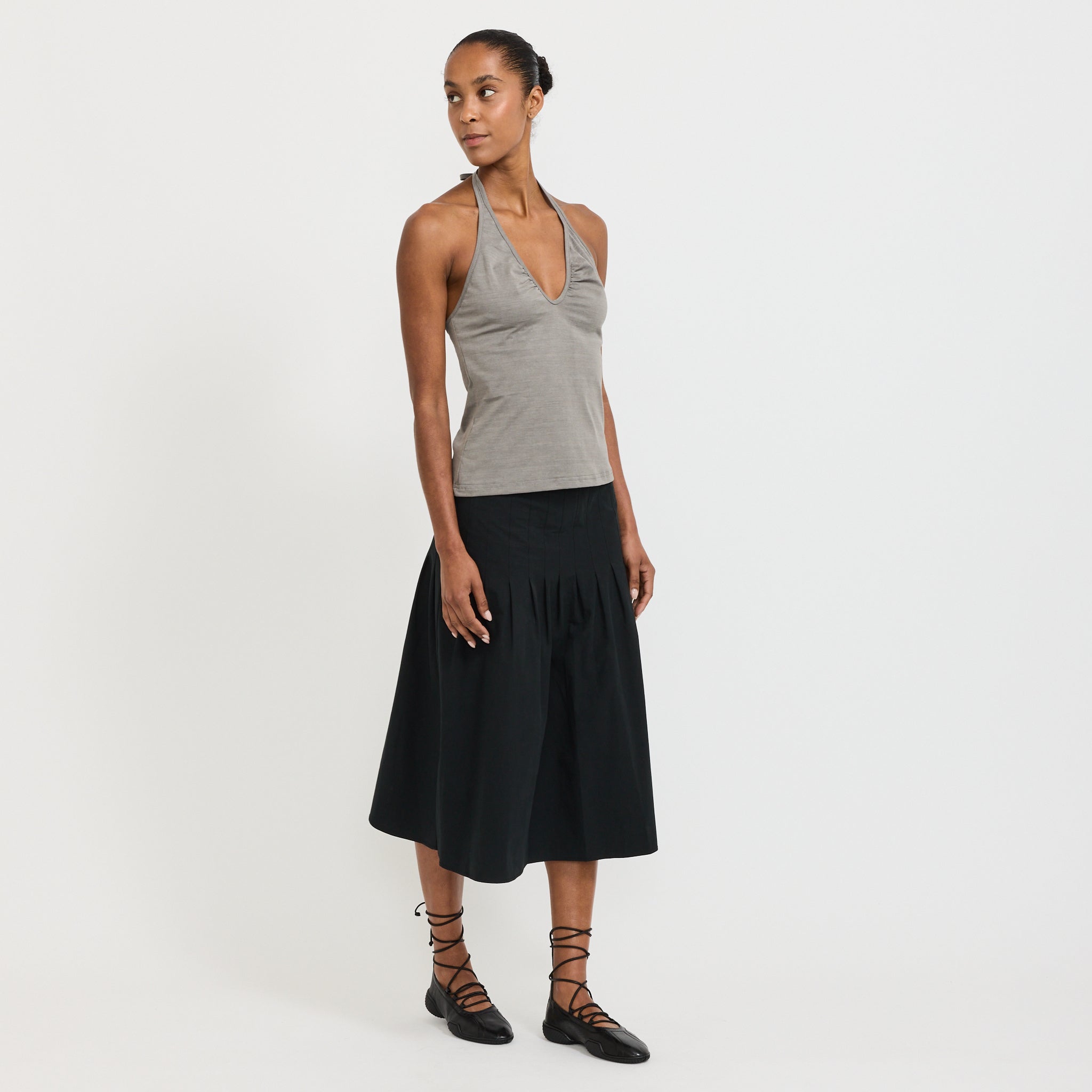Crushed Cotton Pleated Skirt Black
