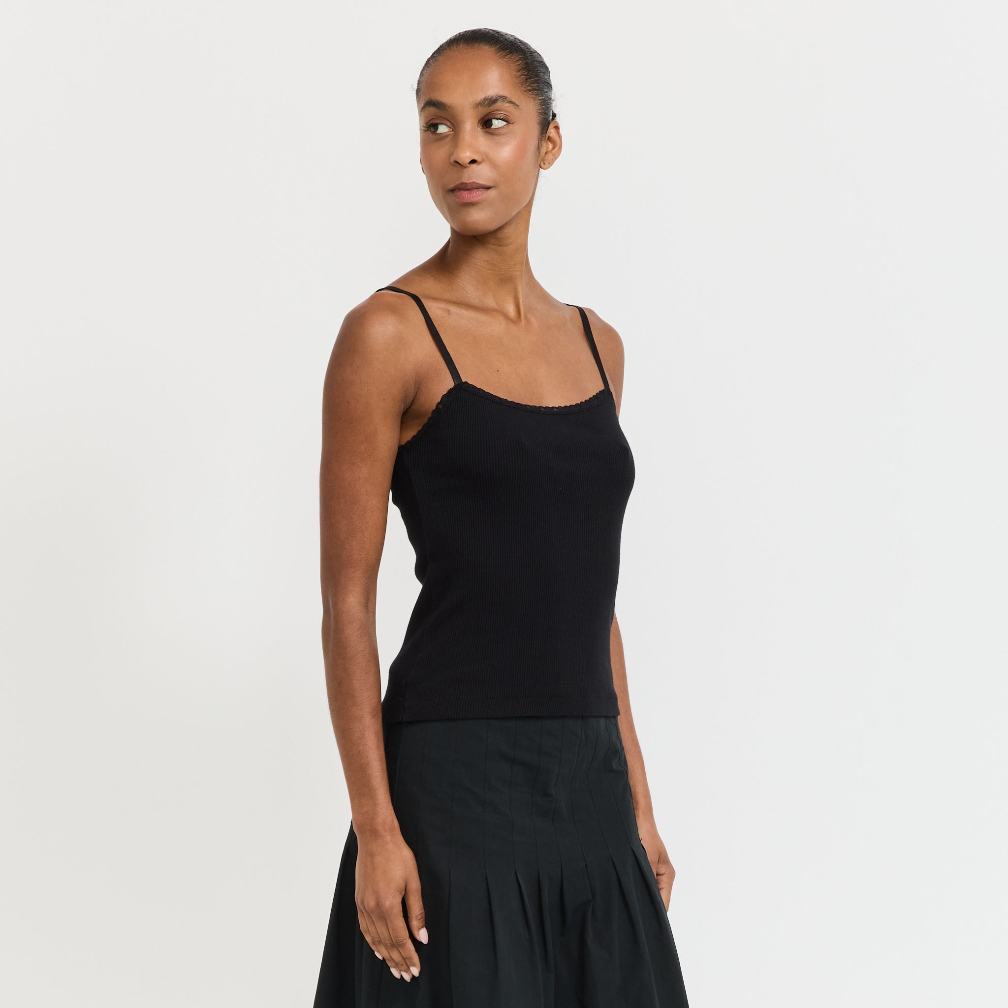 Lace Strap Soft Rib Tank Black | Maplestore
