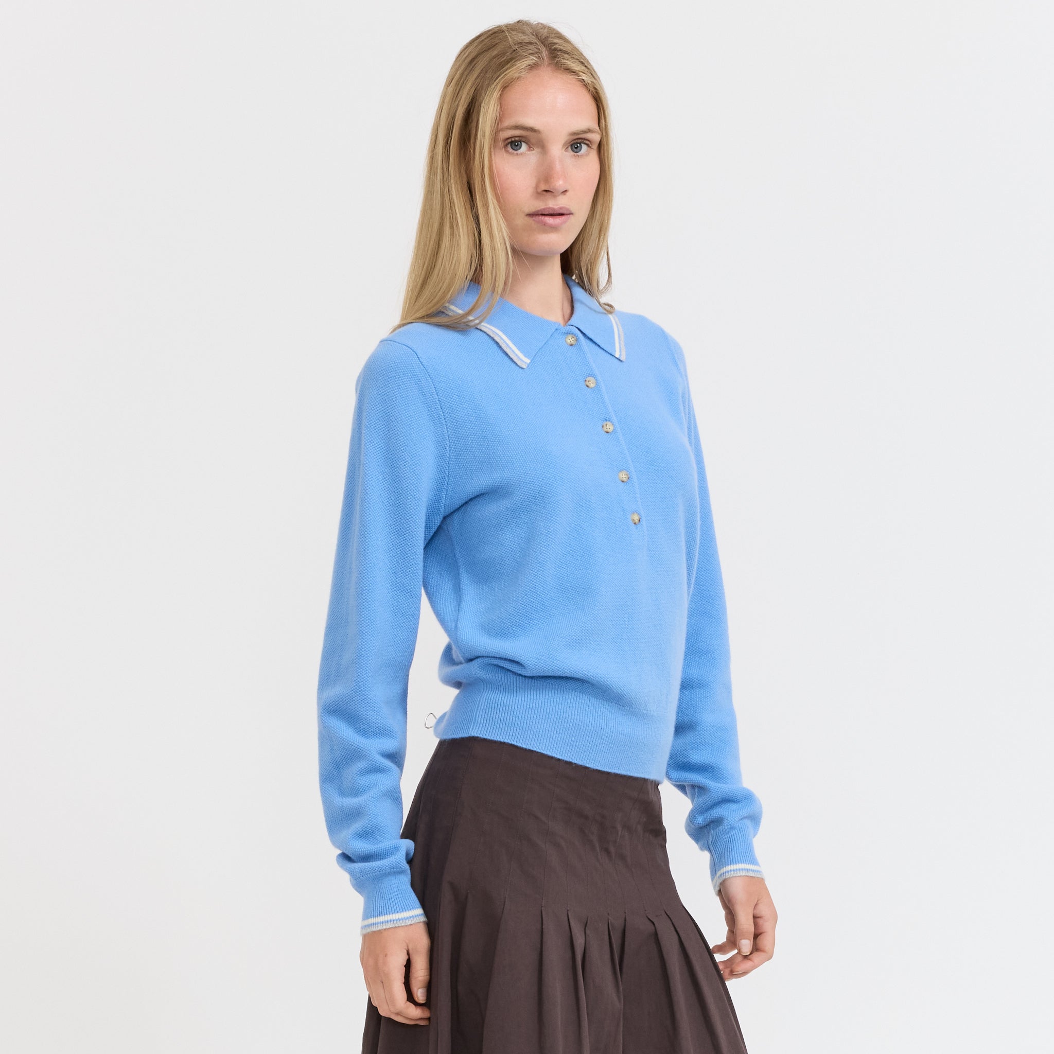 Bassike | Long Sleeve Polo Knit Cornflower | Maplestore