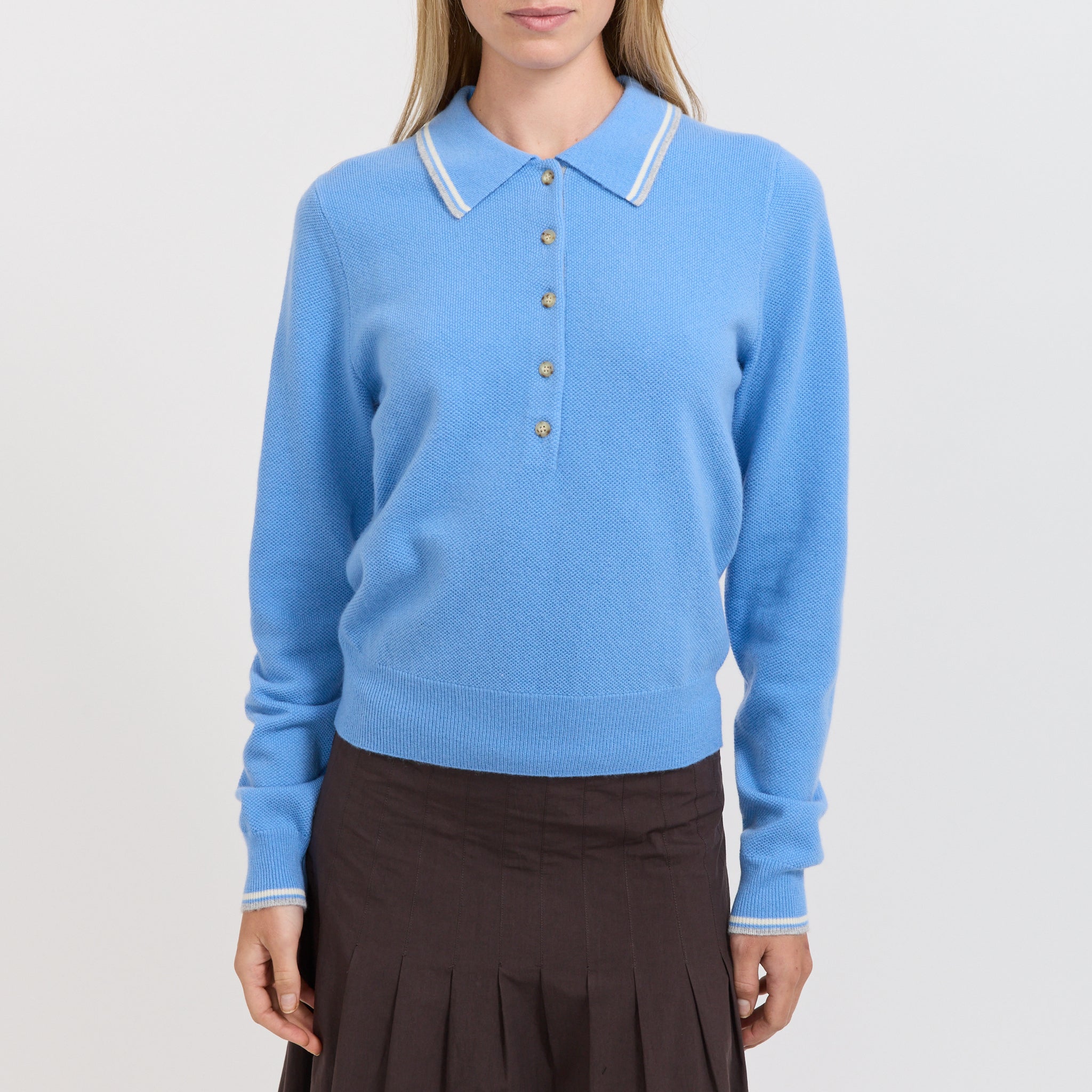 Bassike | Long Sleeve Polo Knit Cornflower | Maplestore