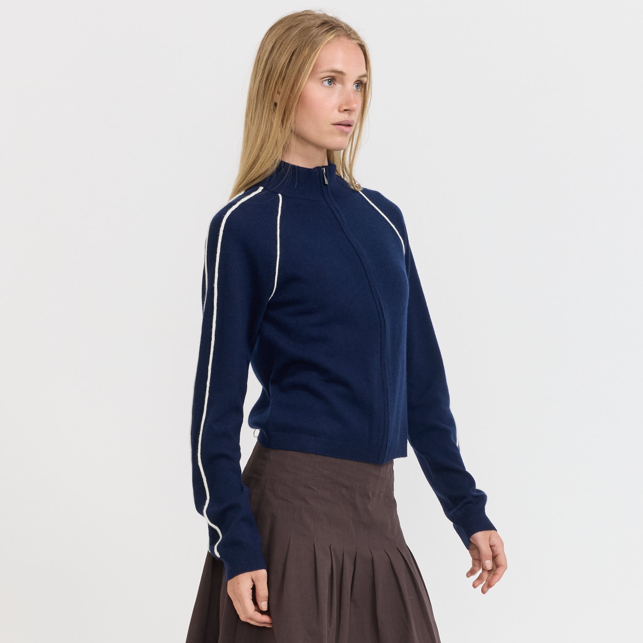 Bassike | Piping Detail Zip Up Knit Ink | Maplestore