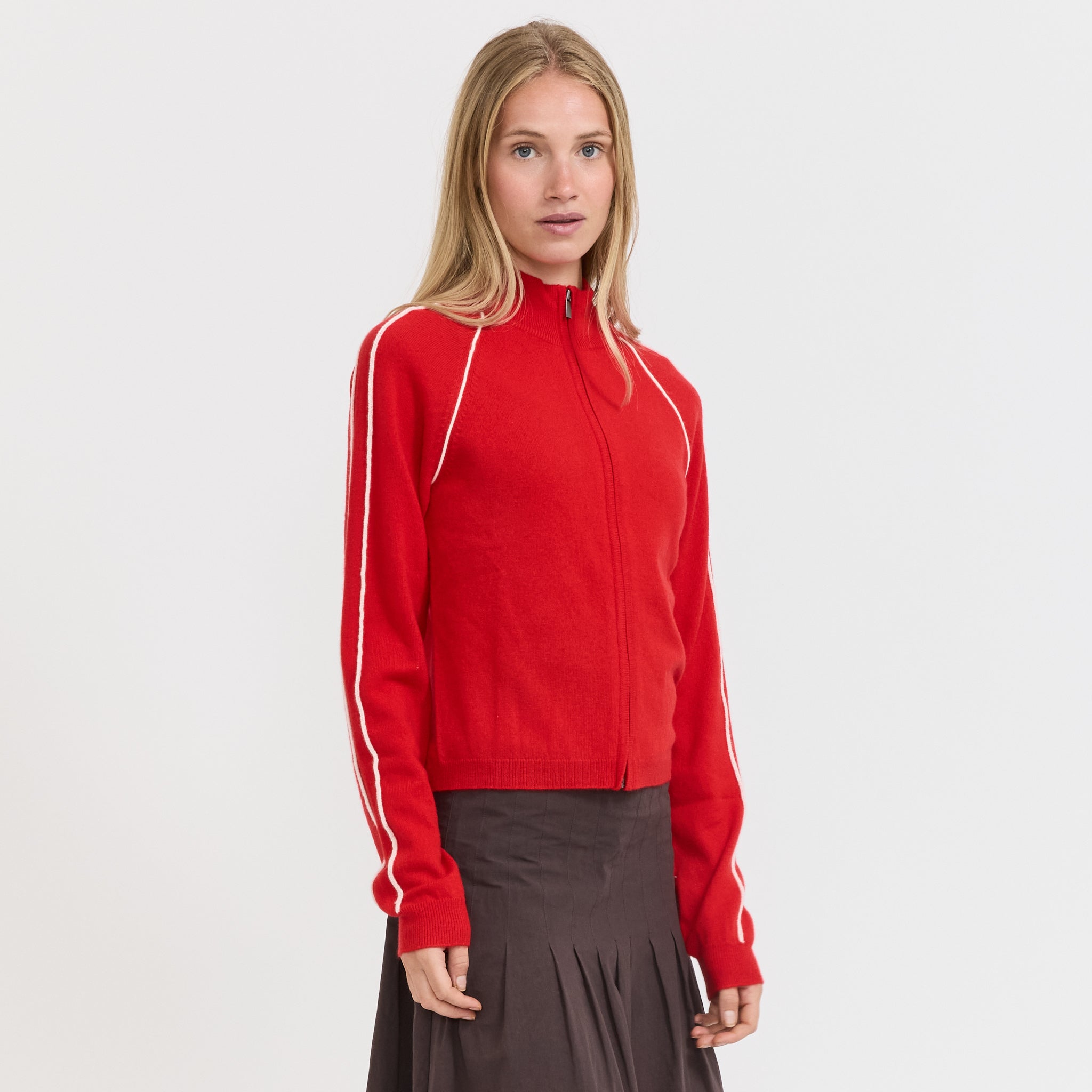 Bassike | Piping Detail Zip Up Knit Red | Maplestore