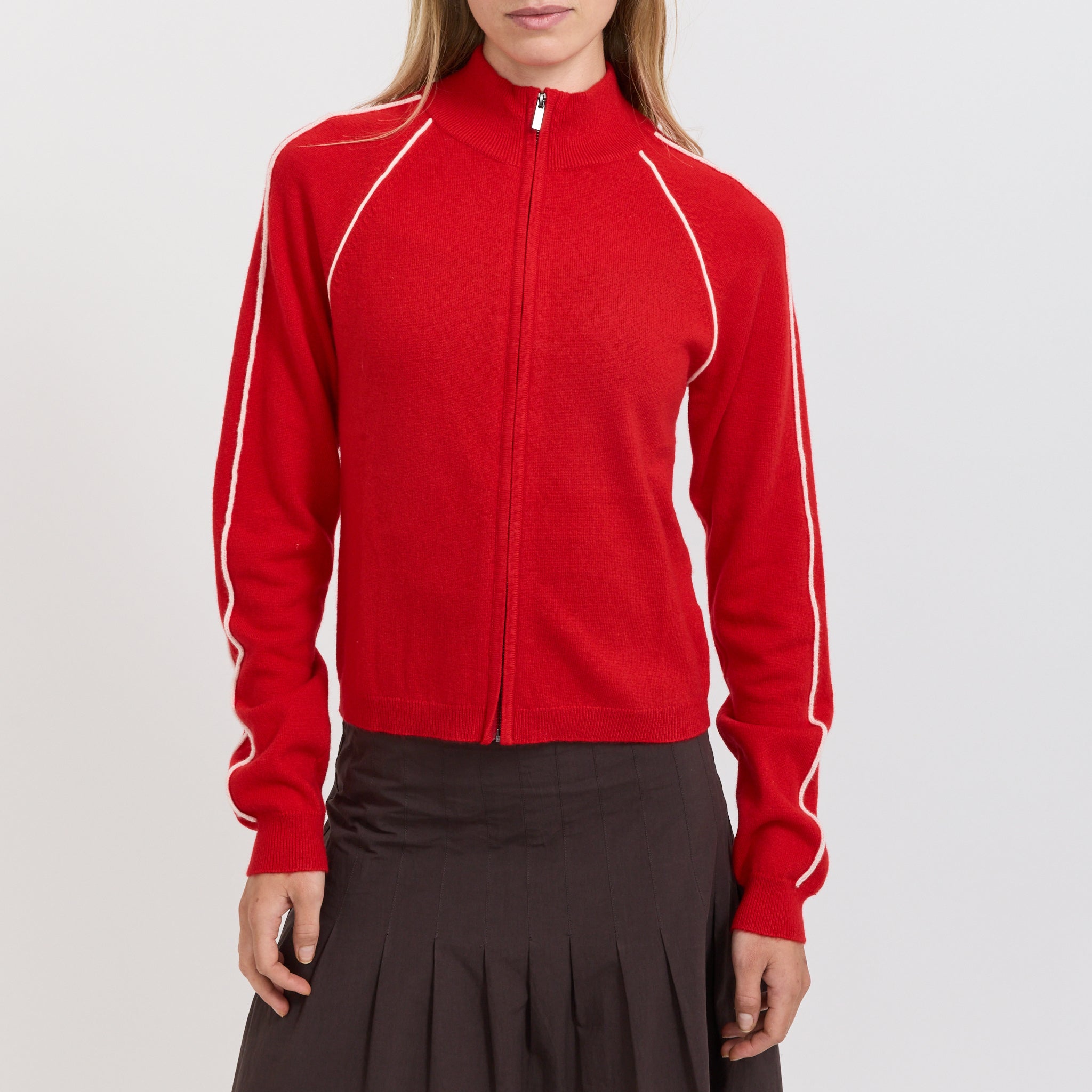 Bassike | Piping Detail Zip Up Knit Red | Maplestore