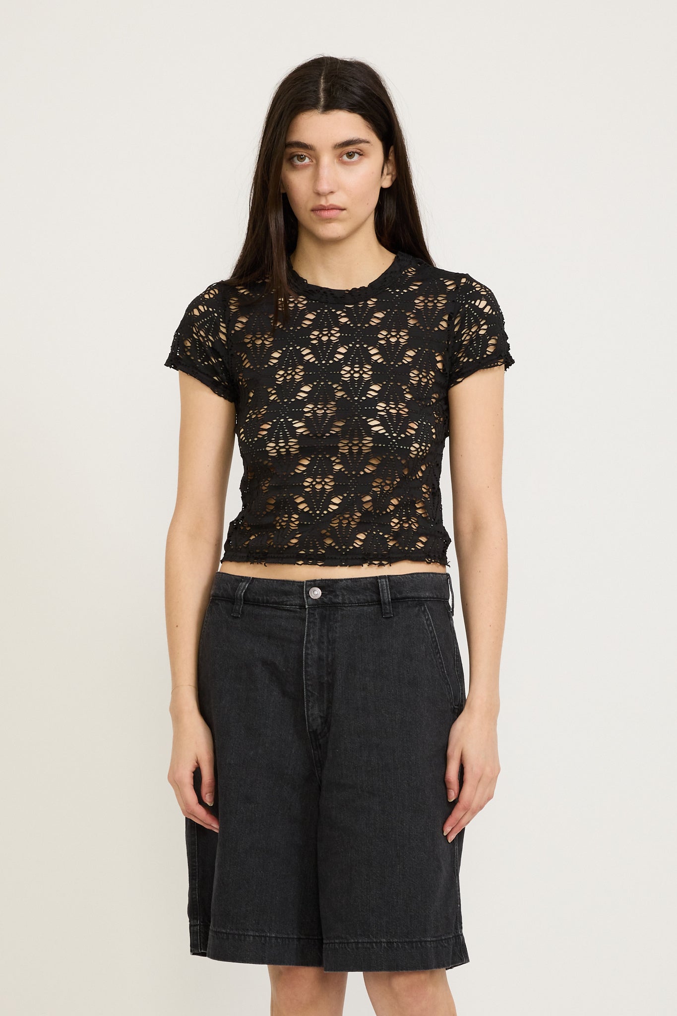 Bassike | Raw Edge Lace Baby T-Shirt Black | Maplestore