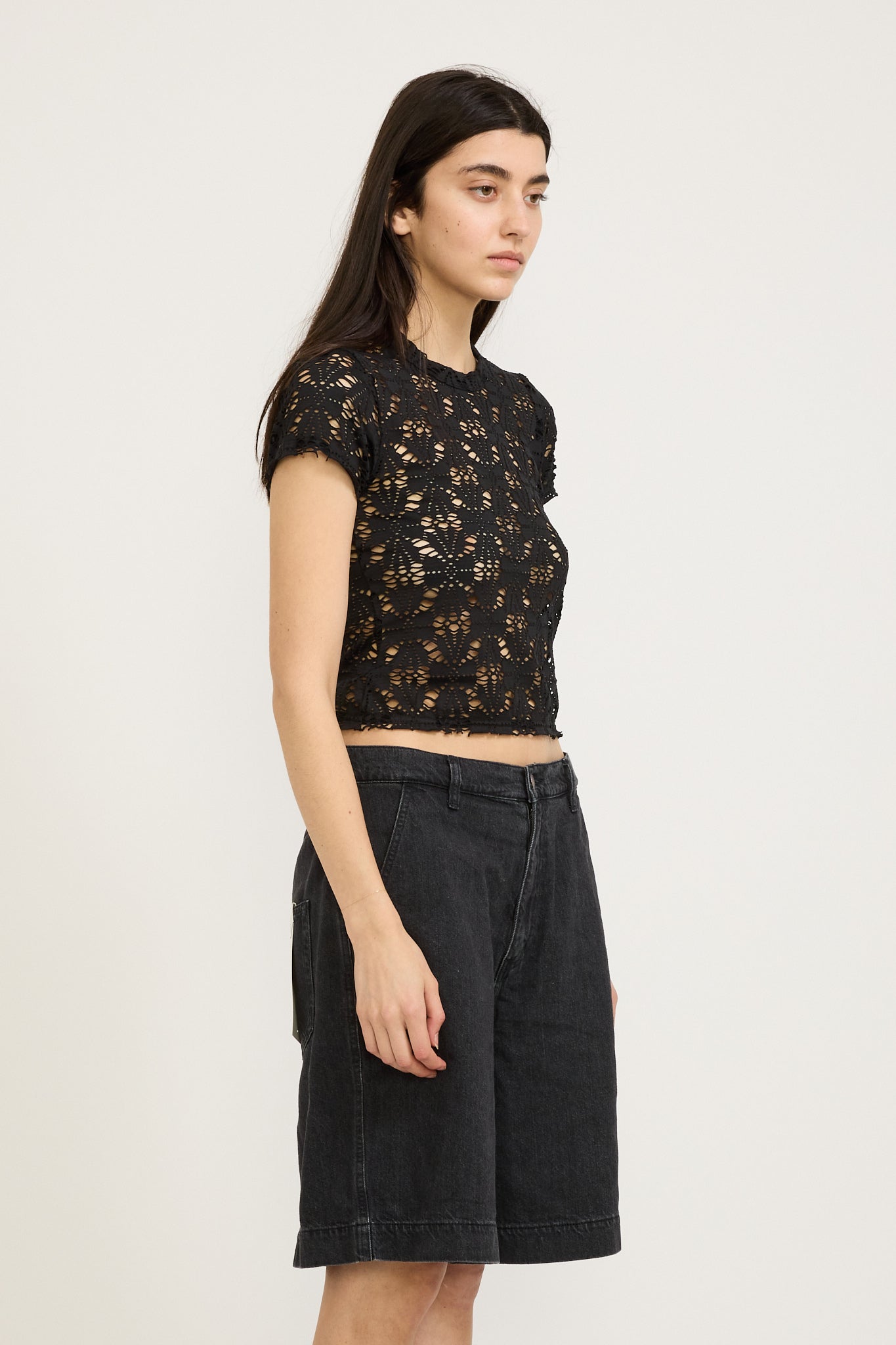 Bassike | Raw Edge Lace Baby T-Shirt Black | Maplestore